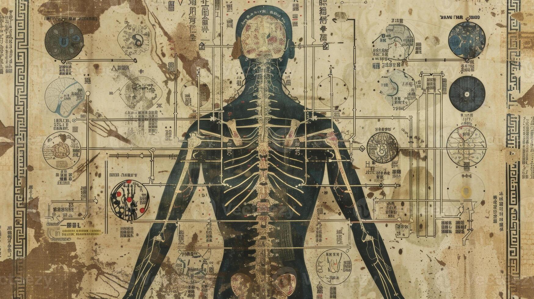 A detailed view of a diagram showing the meridian pathways and corresponding in traditional Chinese medicine photo