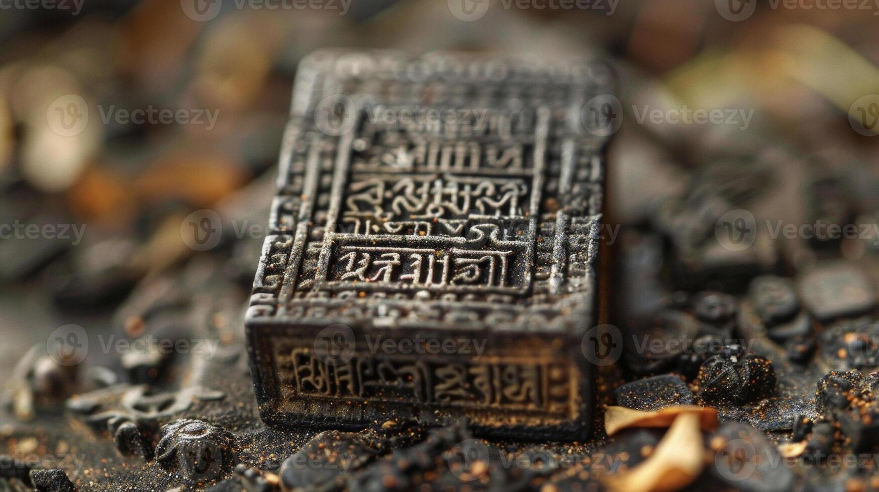 A macro photograph of a small intricately carved stone tablet featuring ancient Ayurvedic medicinal formulas and remedies photo