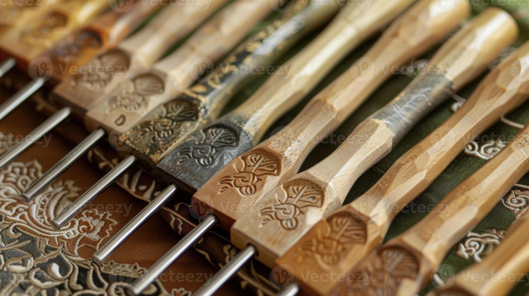 Closeup of a set of tuning forks each one labeled with a different frequency and corresponding to a specific chakra. The forks are carefully tapped against a soft mallet creatin photo