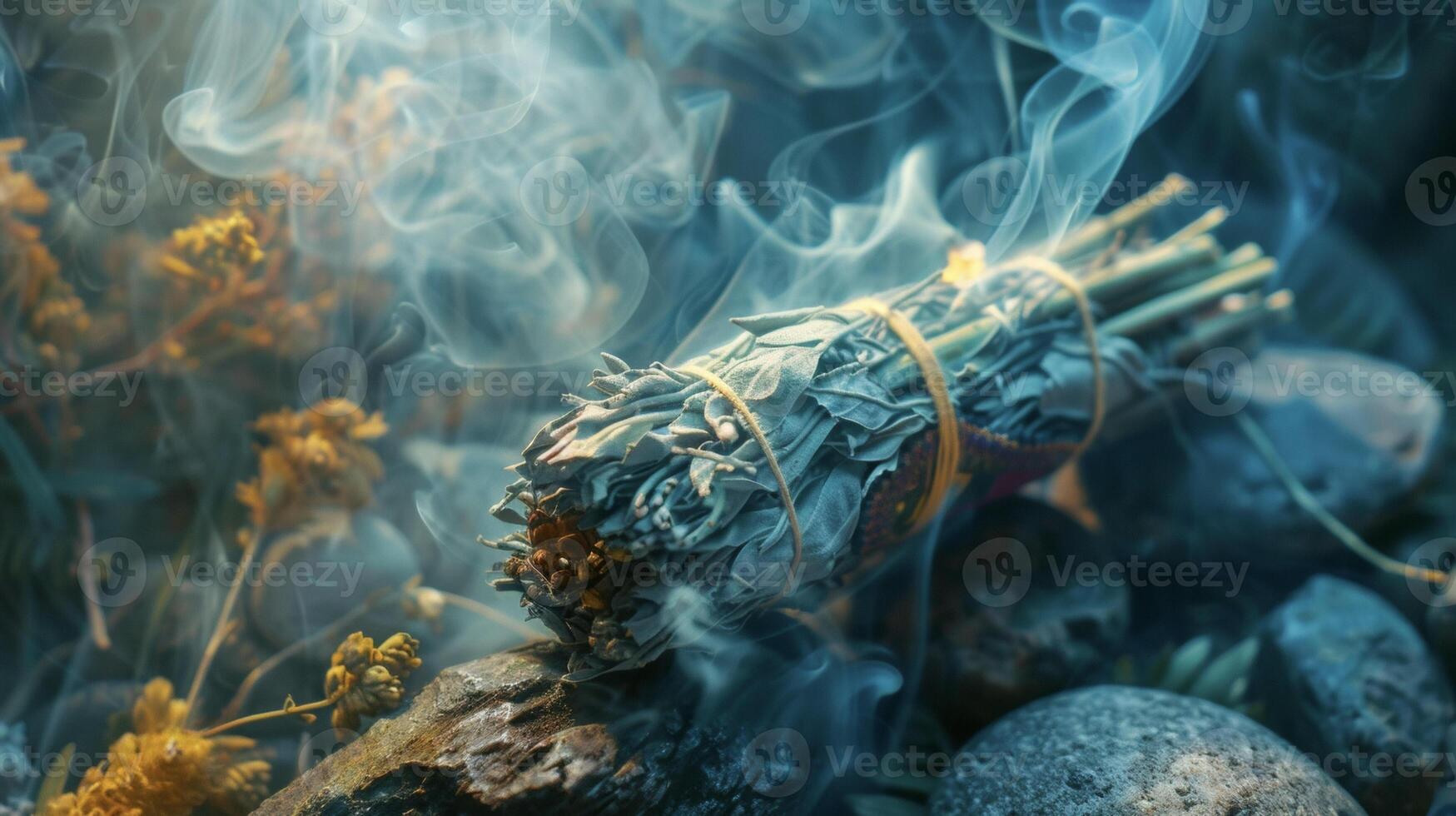 A bundle of dried herbs and sage tied with twine and blessed with sacred smoke used for cleansing and purification during shamanic ceremonies photo