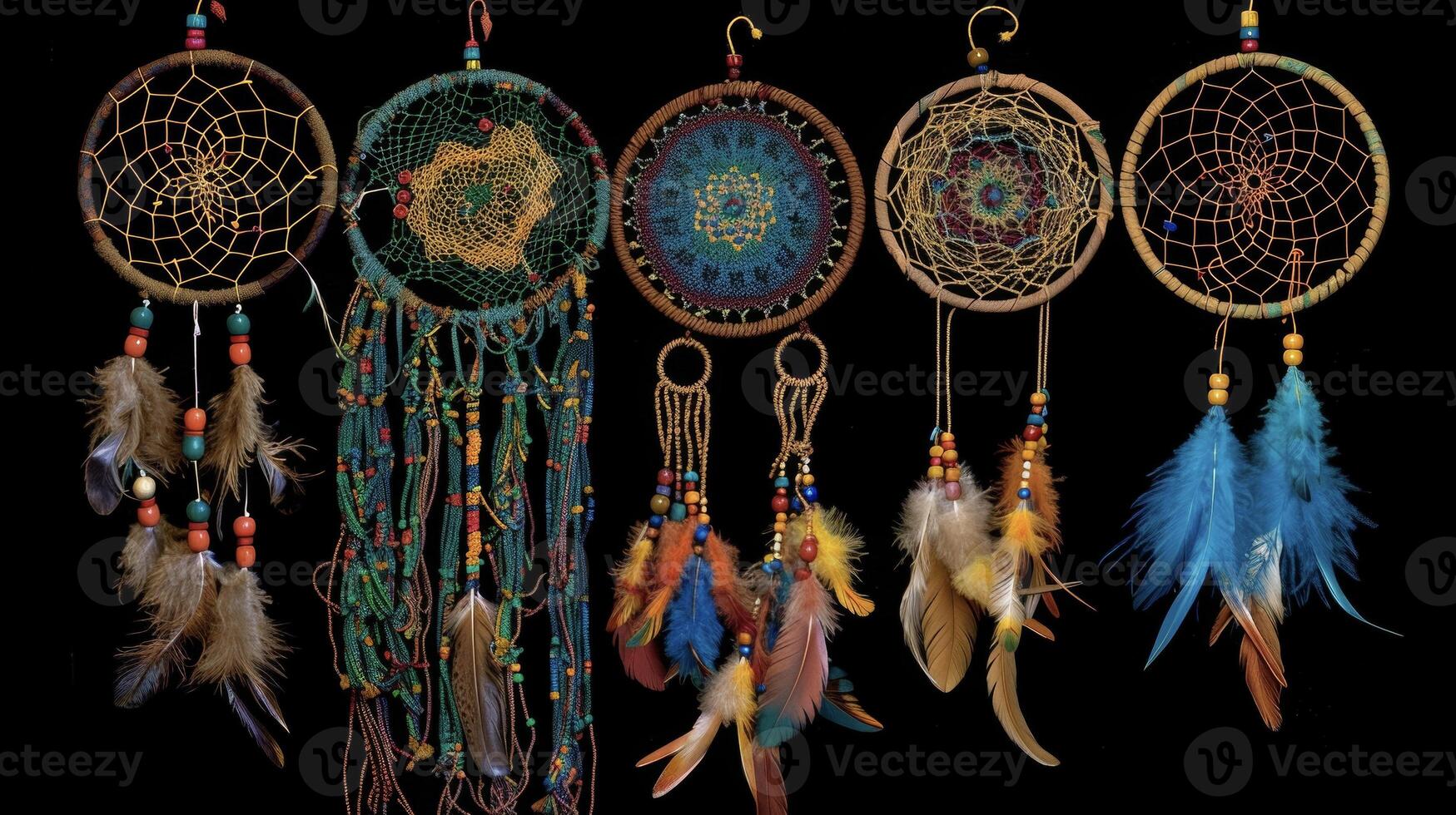 A set of intricately woven dreamcatchers adorned with beads and feathers used to bad dreams and protect dreamers during shamanic journeying photo