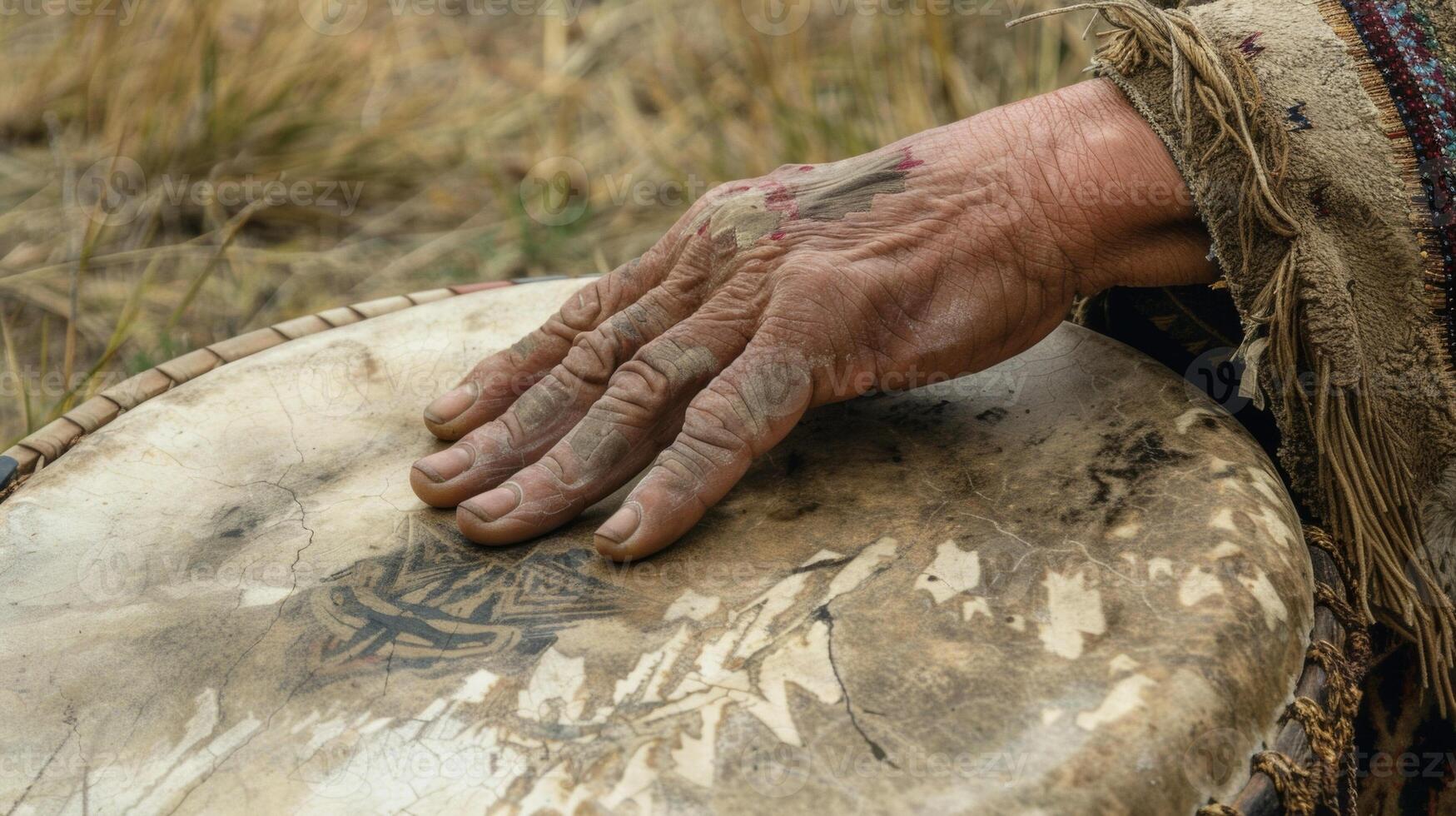 A hand rests on a weathered drum the shamans fingers positioned to strike a steady hypnotic beat photo