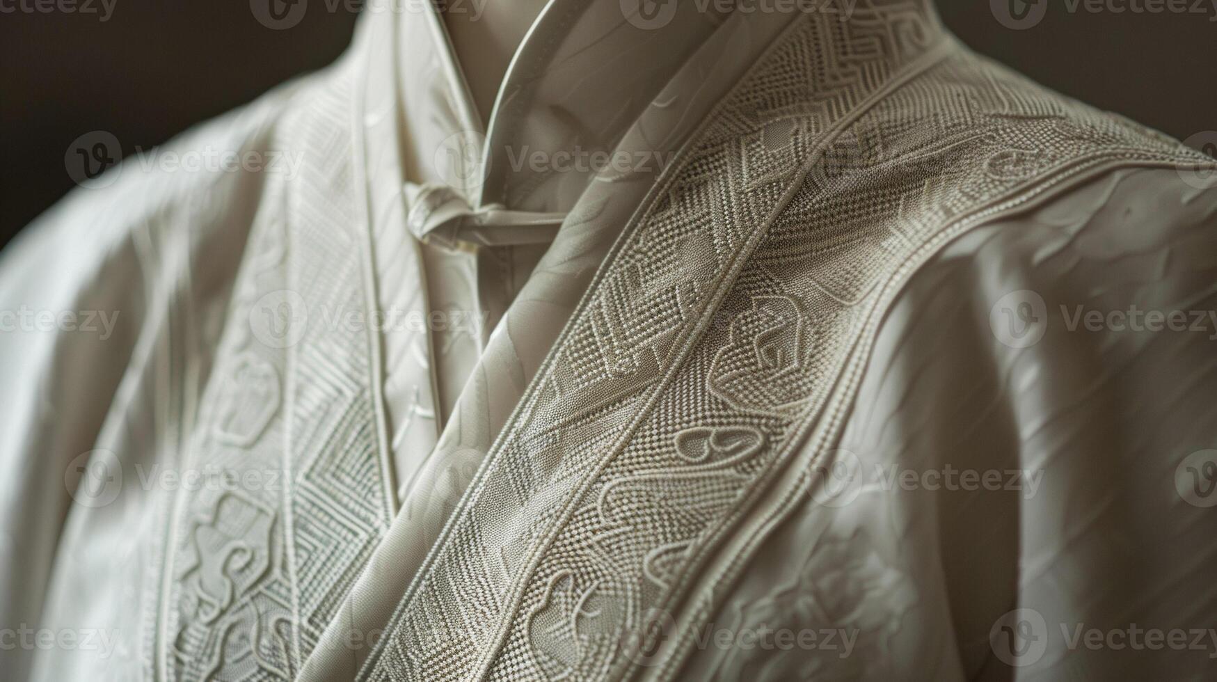 The intricate details of a Tai Chi uniform including the soft folds of fabric and intricate patterns are showcased in a closeup shot photo