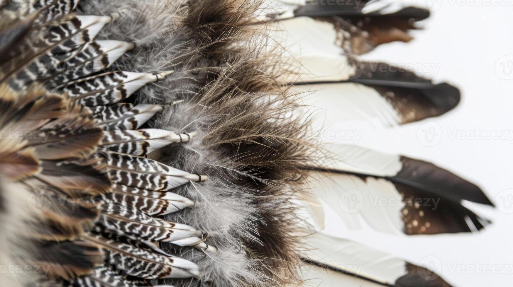 A detailed shot of a Native American shamans headdress featuring a variety of animal feathers and fur each representing a specific power animal in their healing practices photo