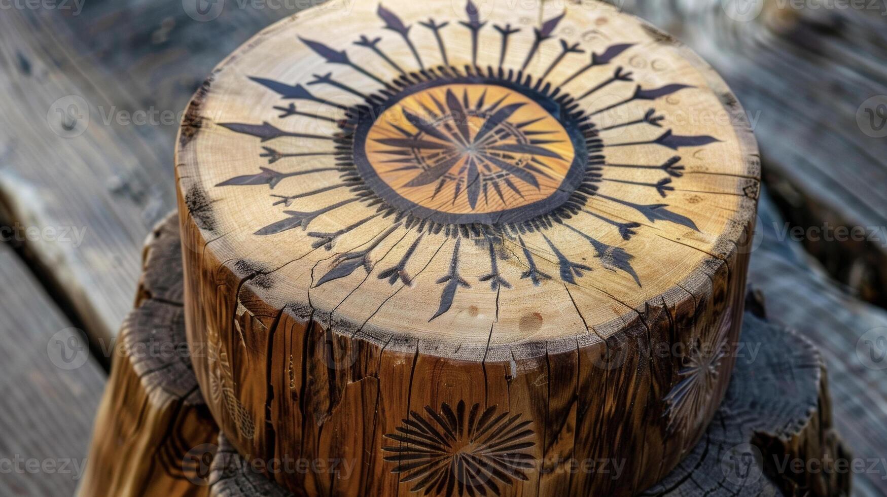 A wooden drum carved with intricate symbols used in Native American ceremonies to call upon the spirits and connect with the divine photo