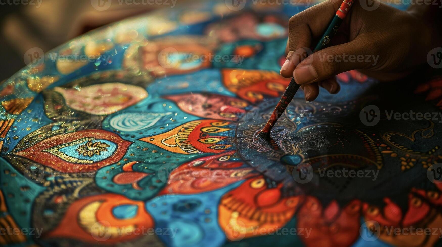 A closeup of a handpainted mandala with intricate designs and animal figures representing the interconnectedness and balance between humans and the natural world in spiritua photo
