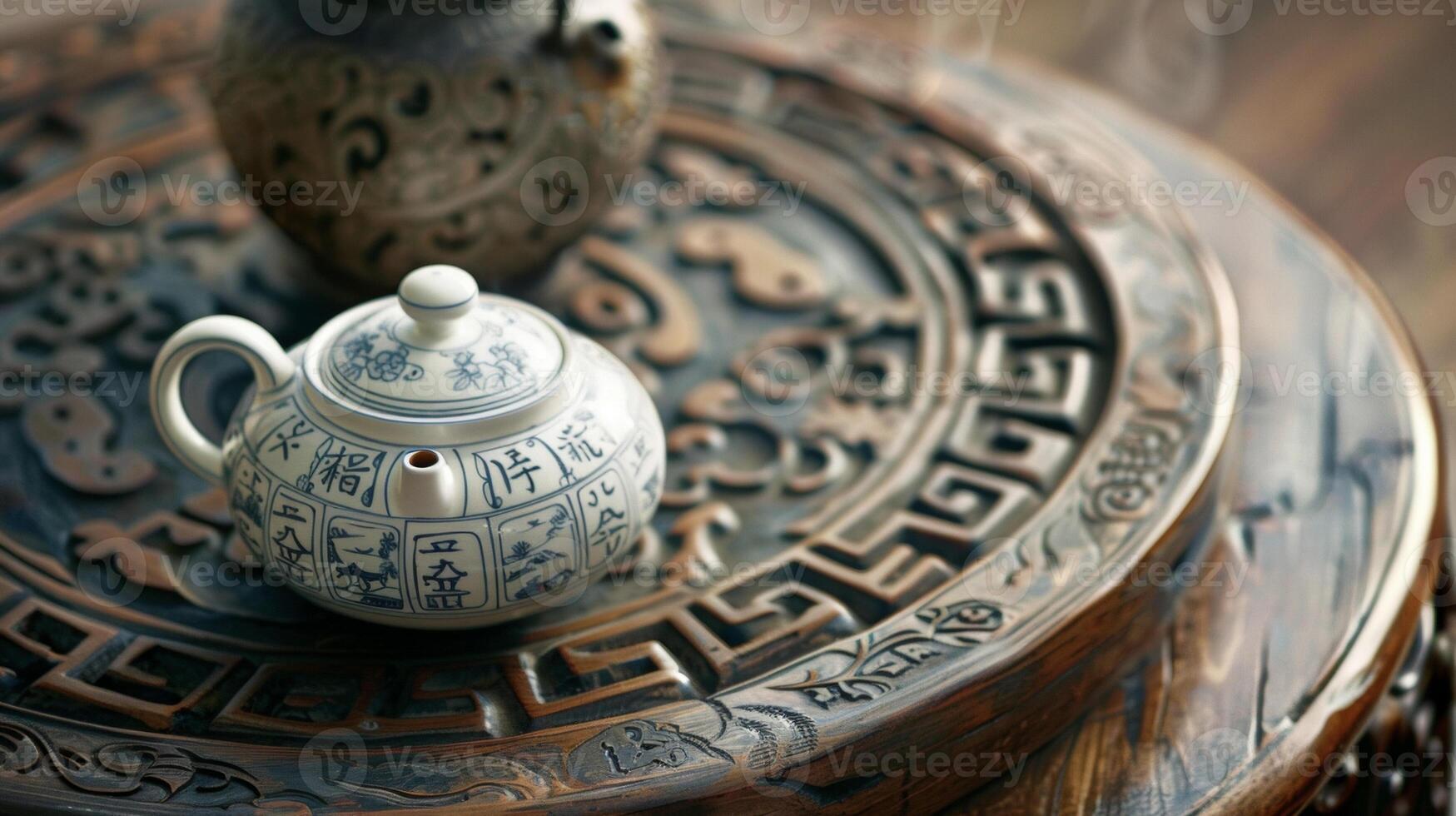 A closeup of a delicate porcelain teapot sitting on a wooden table adorned with traditional Chinese characters and symbols of balance and harmony photo