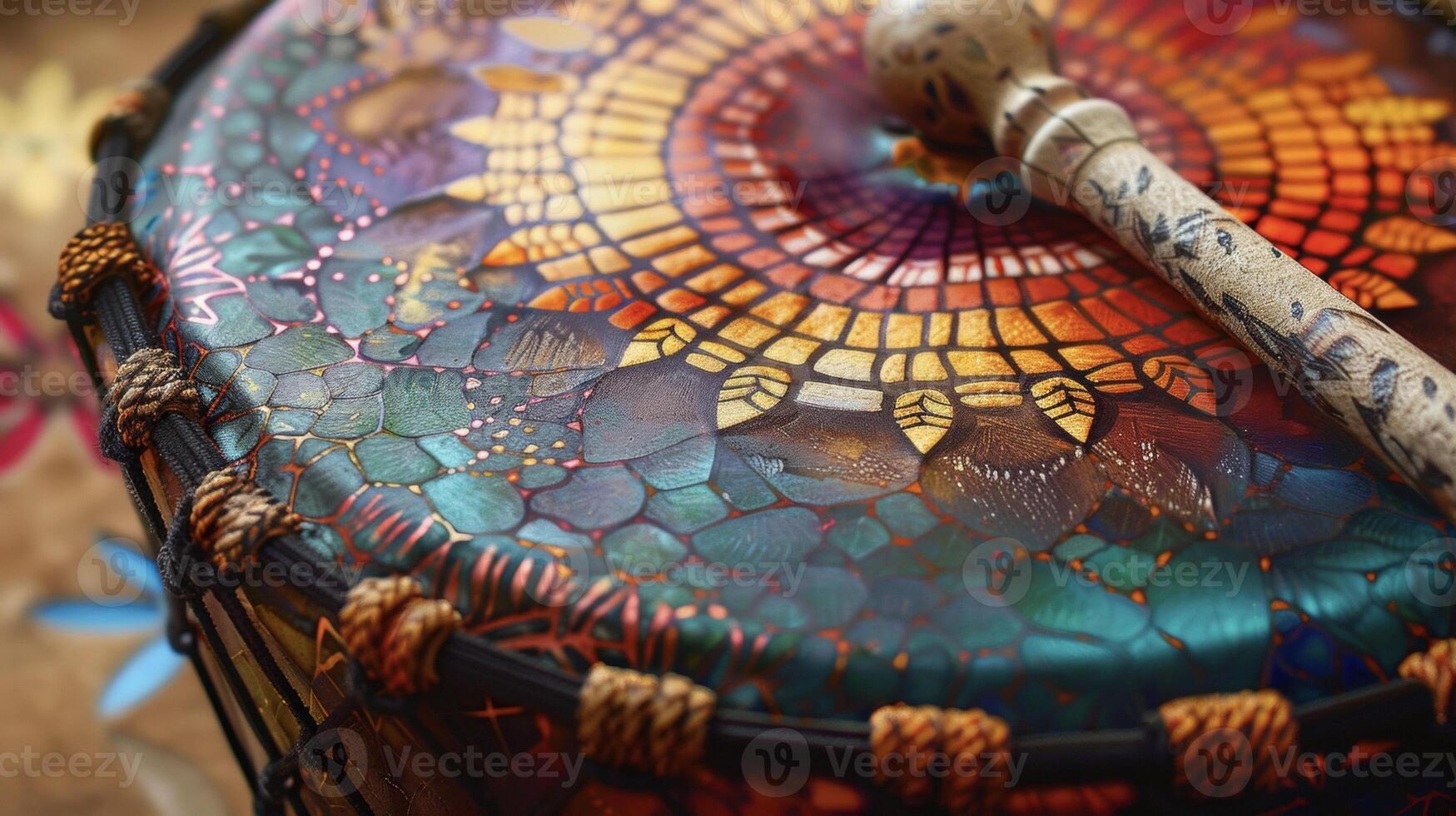 Vibrant colors and intricate patterns adorn a Native American hoop drum its healing vibrations serving as a powerful conduit for releasing negative energy and promoting inne photo