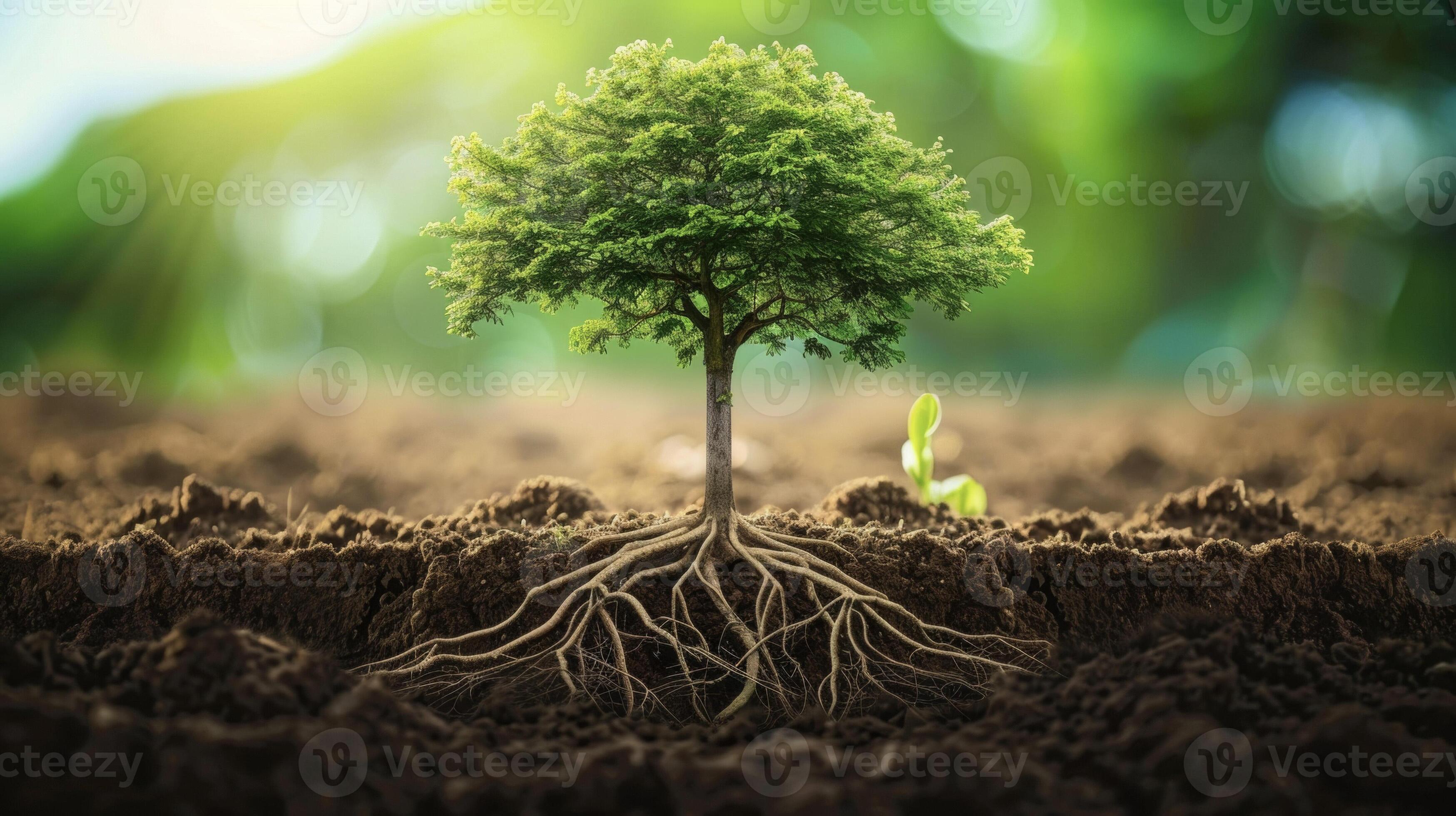 A tree with roots stretching deep into the ground and branches reaching towards the sky