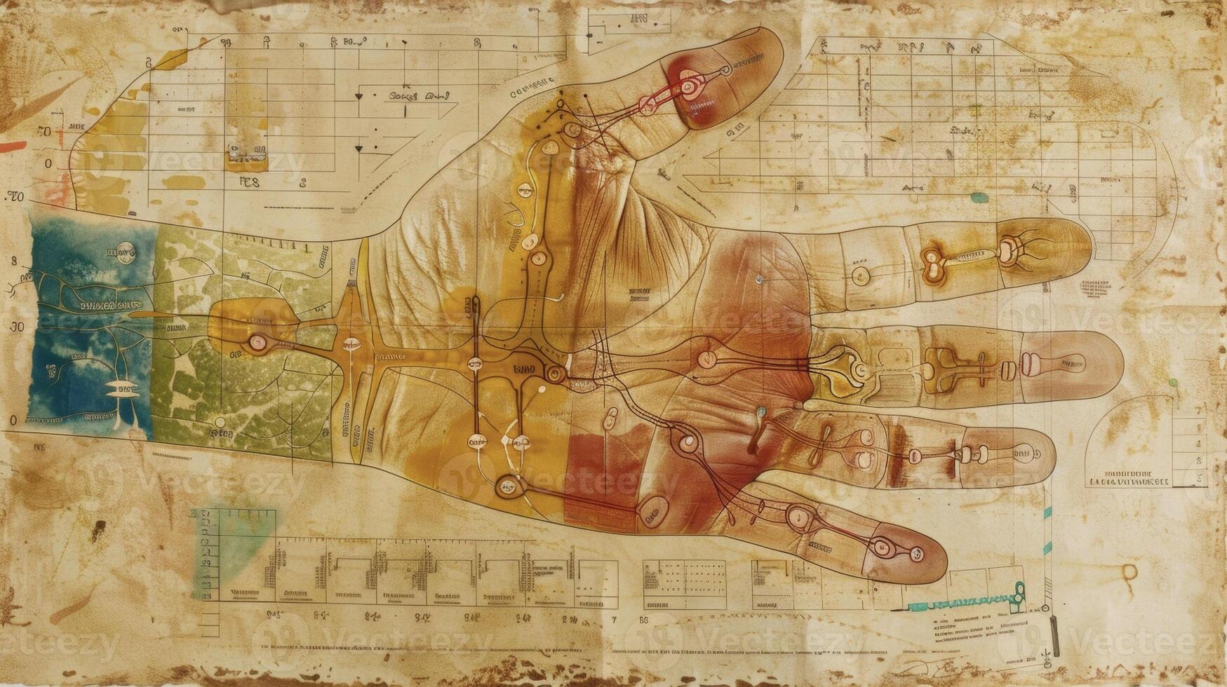 A detailed shot of a reflexology chart highlighting the different areas of the hand and their corresponding or body parts photo