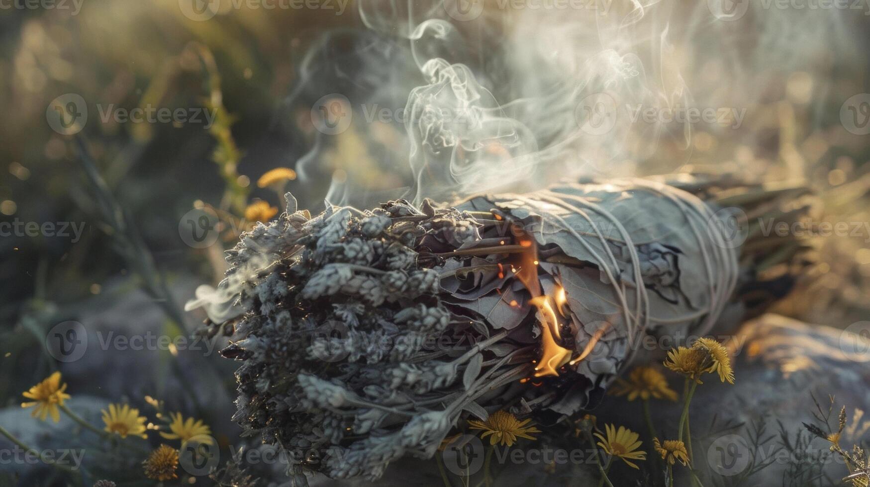 A bundle of burning sage symbolizing the smudging ritual commonly used in Native American healing ceremonies for purifying energy and promoting spiritual healing photo
