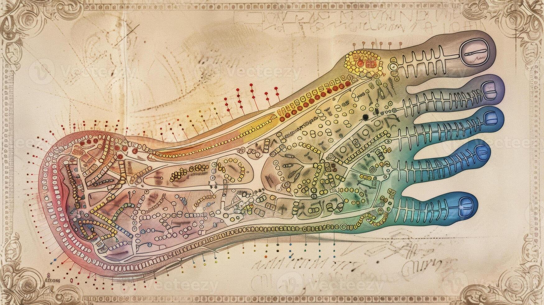 An intricate reflexology foot chart showcasing the detailed connection between different reflex points on the feet and their impact on the overall physical and emotional wellbein photo