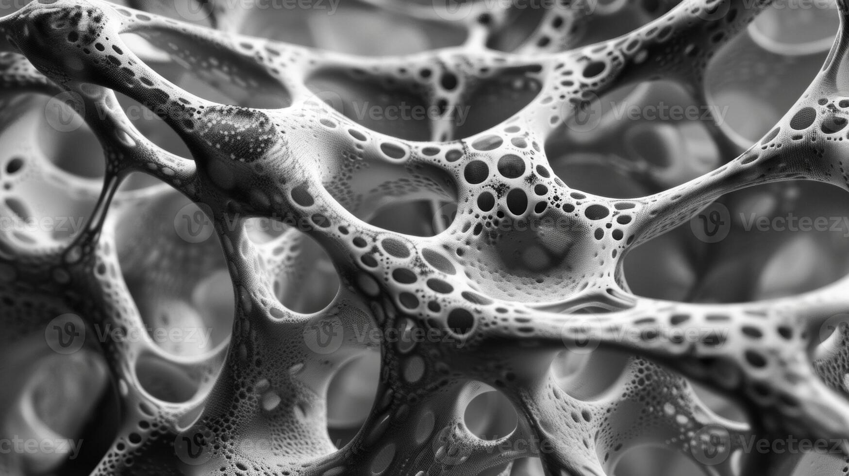 A macro view of a porous spongelike material with tiny interconnected pores visible throughout its surface. This biocompatible material made from natural materials such a photo