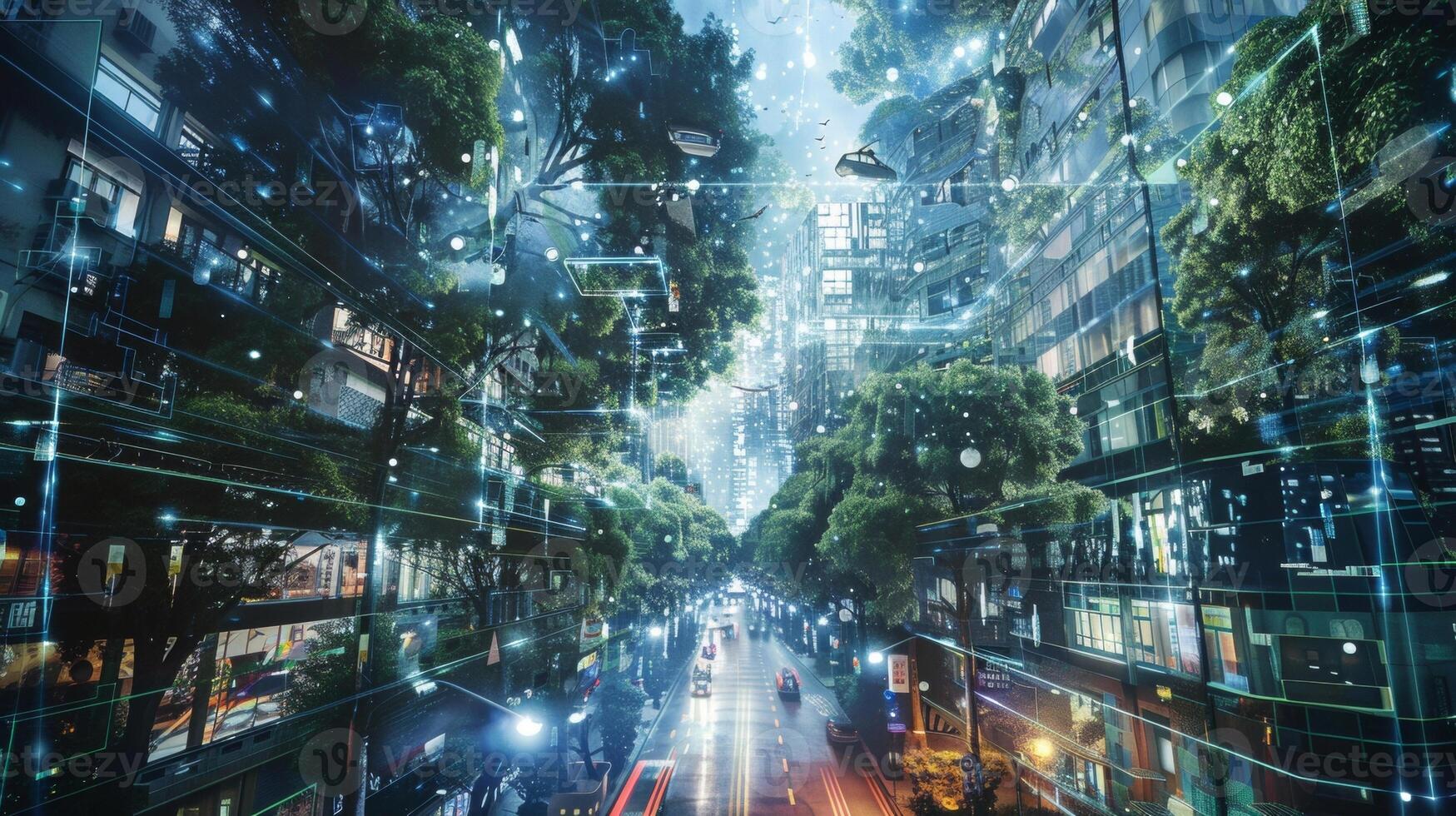 The intricate details of a holographic neighborhood come to life showcasing the seamless blend of technology and design. Streets lined with holographic trees buildings emergin photo