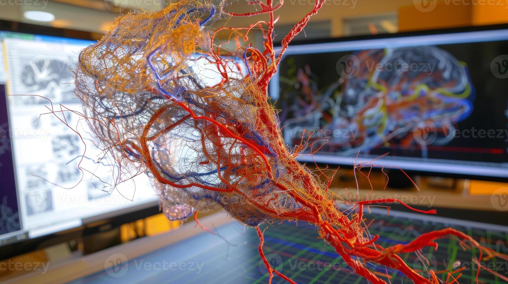 On a computer screen a 3D model of a human organ rotates showing the intricate network of vessels and tissues. The model is being used to study how regenerative technique photo