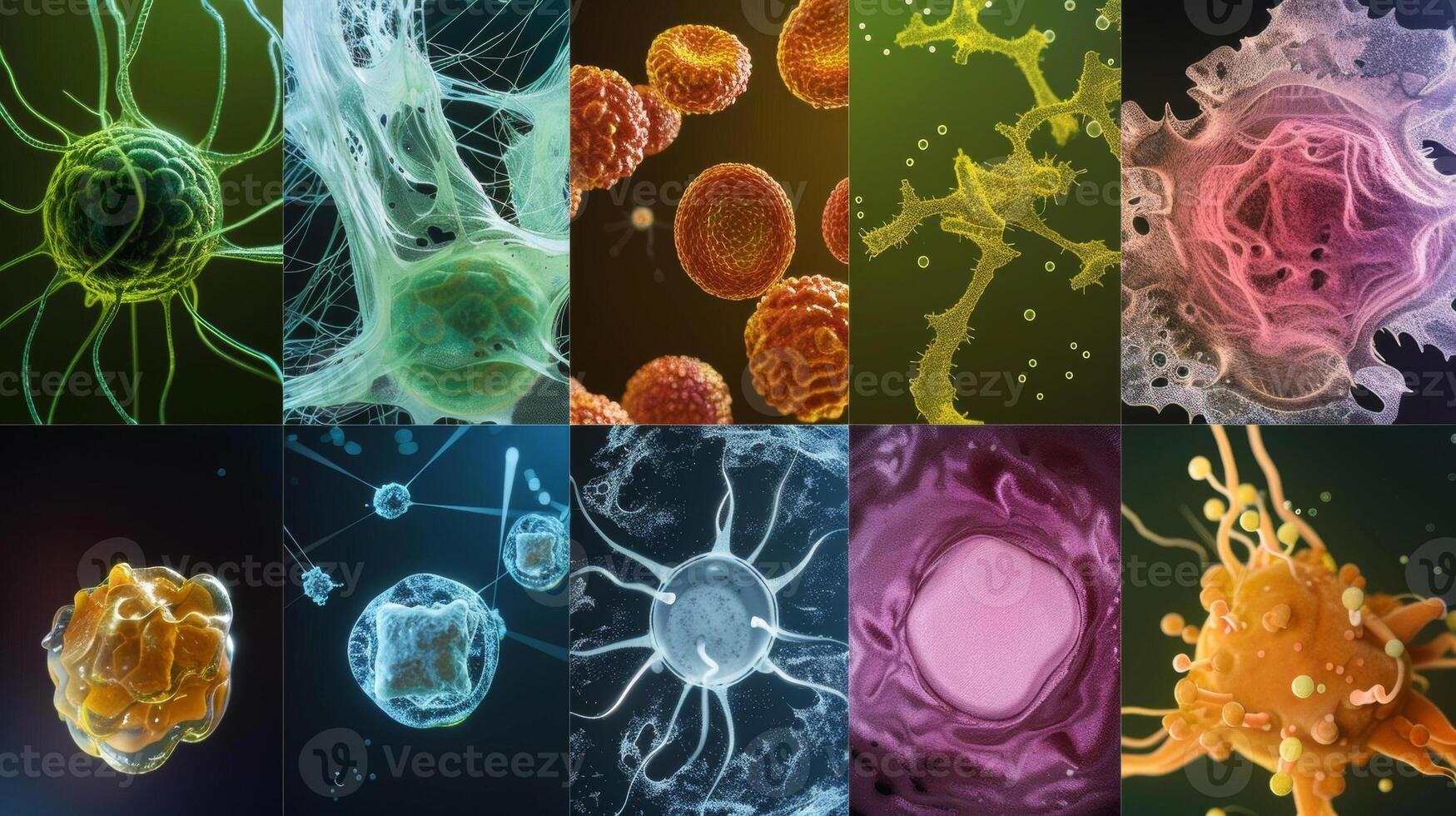 Microscopic images of various cell types grown in a lab using biofabrication techniques displaying different shapes and functions photo