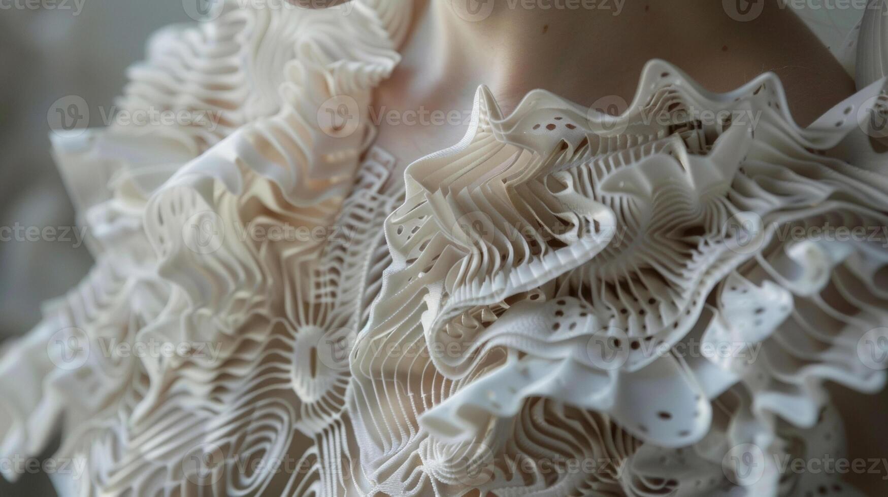 Tucking into the intricate details of a 3Dprinted dress we can see the precise layers and intricate patterns that create a oneofakind garment. This technology allows for customizatio photo