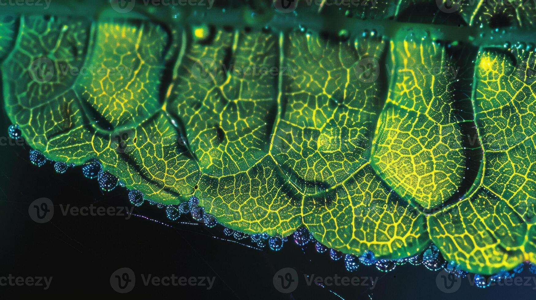Next a microscope image shows the surface of a leaf coated in tiny droplets of water unable to spread and absorb into the leaf due to a layer of hydrophobic spray applied photo