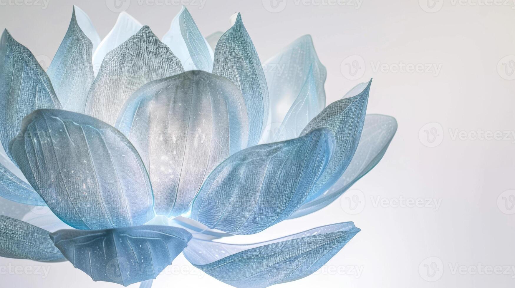 A sculpture stands tall against a stark white wall its delicate petals glowing in a soft blue hue. The use of bioluminescent material adds a unique and ethereal element t photo