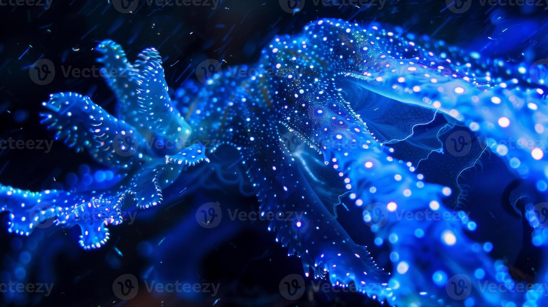 A macro view of a deepsea creature revealing intricate patterns of bioluminescent stripes and spots along its body photo
