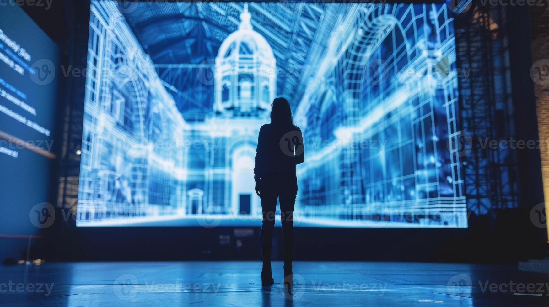 A person standing on a stage looking at a screen in front of them. The screen is displaying a 3D model of a historic landmark with detailed information about its constructio photo