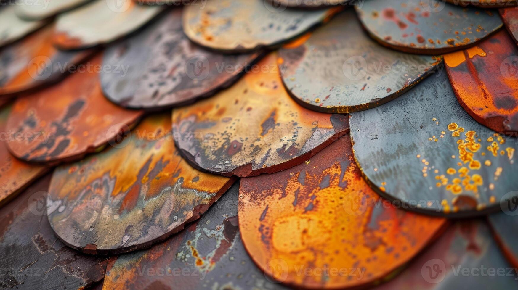 A closeup of a series of roof tiles made of adaptive material each tile featuring a different pattern and color that seemingly adapts to the surrounding environment. The rhyth photo