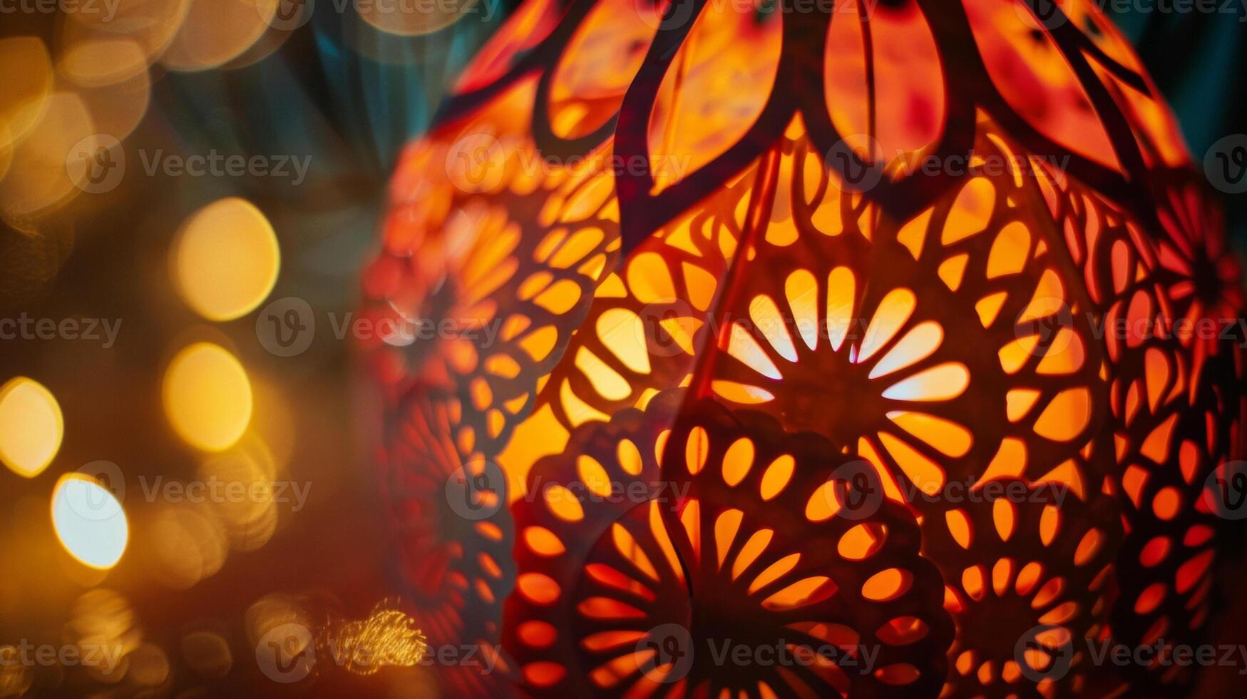 A closeup of a delicate paper lantern its surface covered in intricate patterns created with bioluminescent paint. As the lantern is lit the patterns come alive casting photo