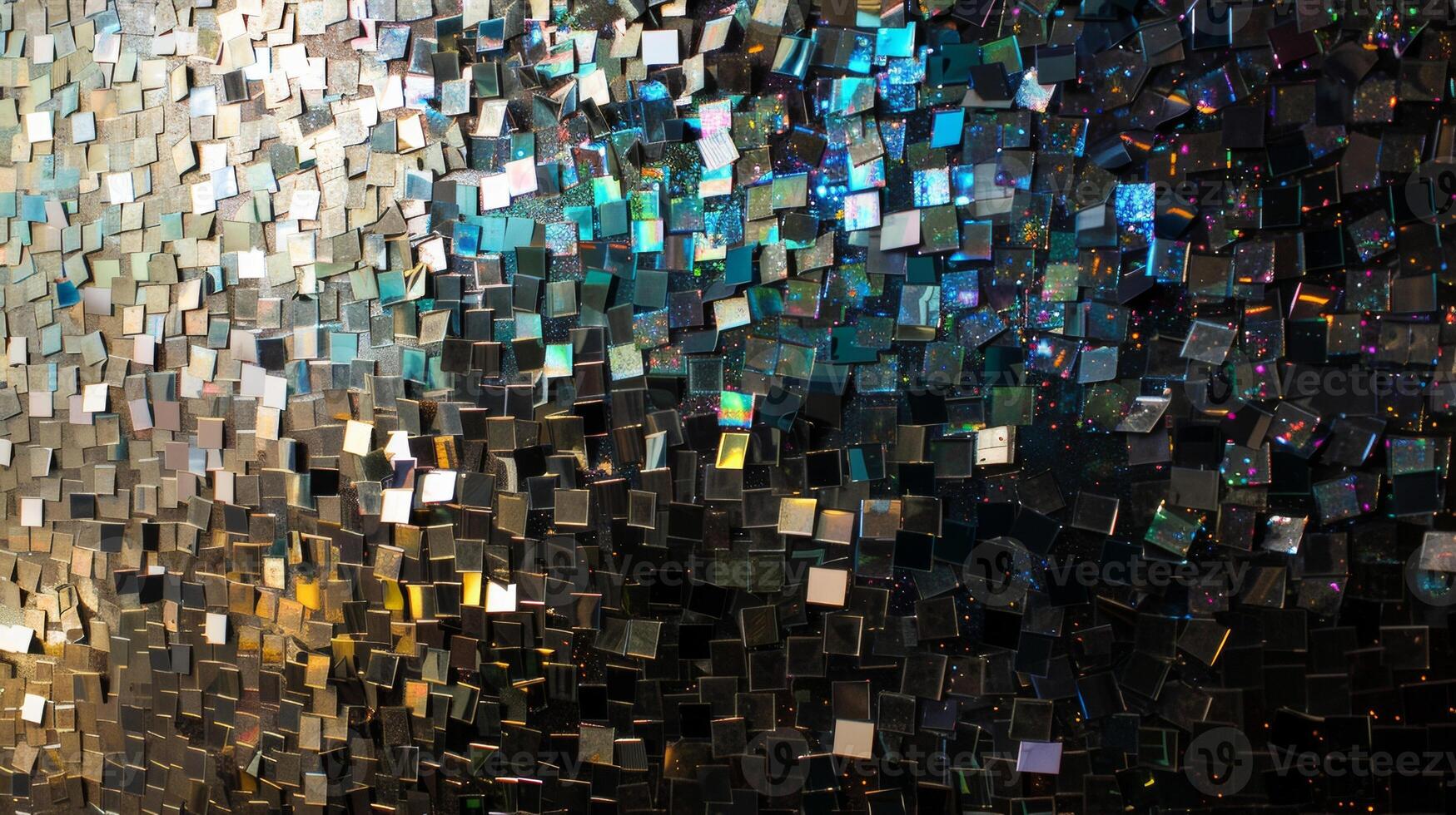 An upclose look at a large wall installation made from layers of discarded CDROMs and floppy disks creating a sparkling and textured surface photo