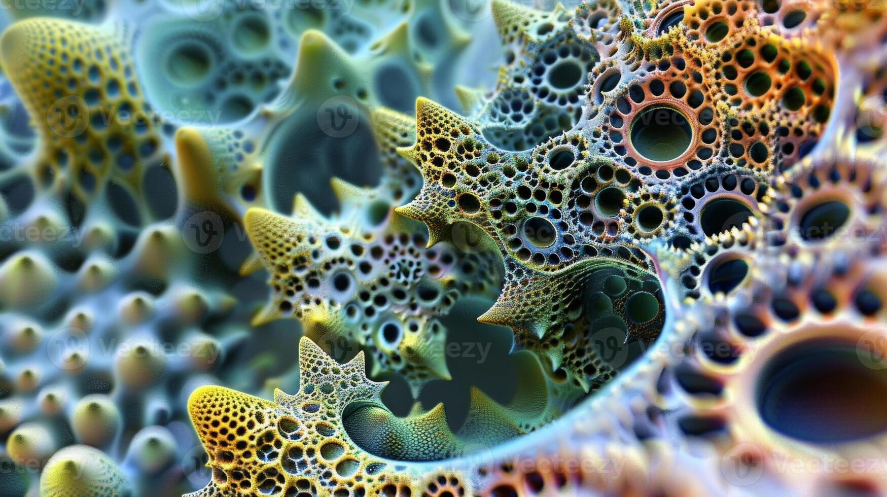 A high magnification image of bioinspired nanomaterials resembling tiny pollen grains with intricate patterns on their surface. These nanoparticles mimicking the catalyti photo
