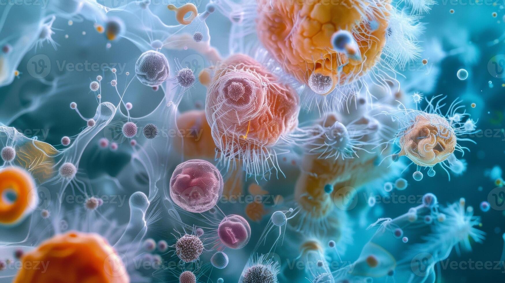 An array of diverse microorganisms is magnified under a microscope showcasing their resilience and survival abilities within aerogel experiments conducted in simulated spac photo
