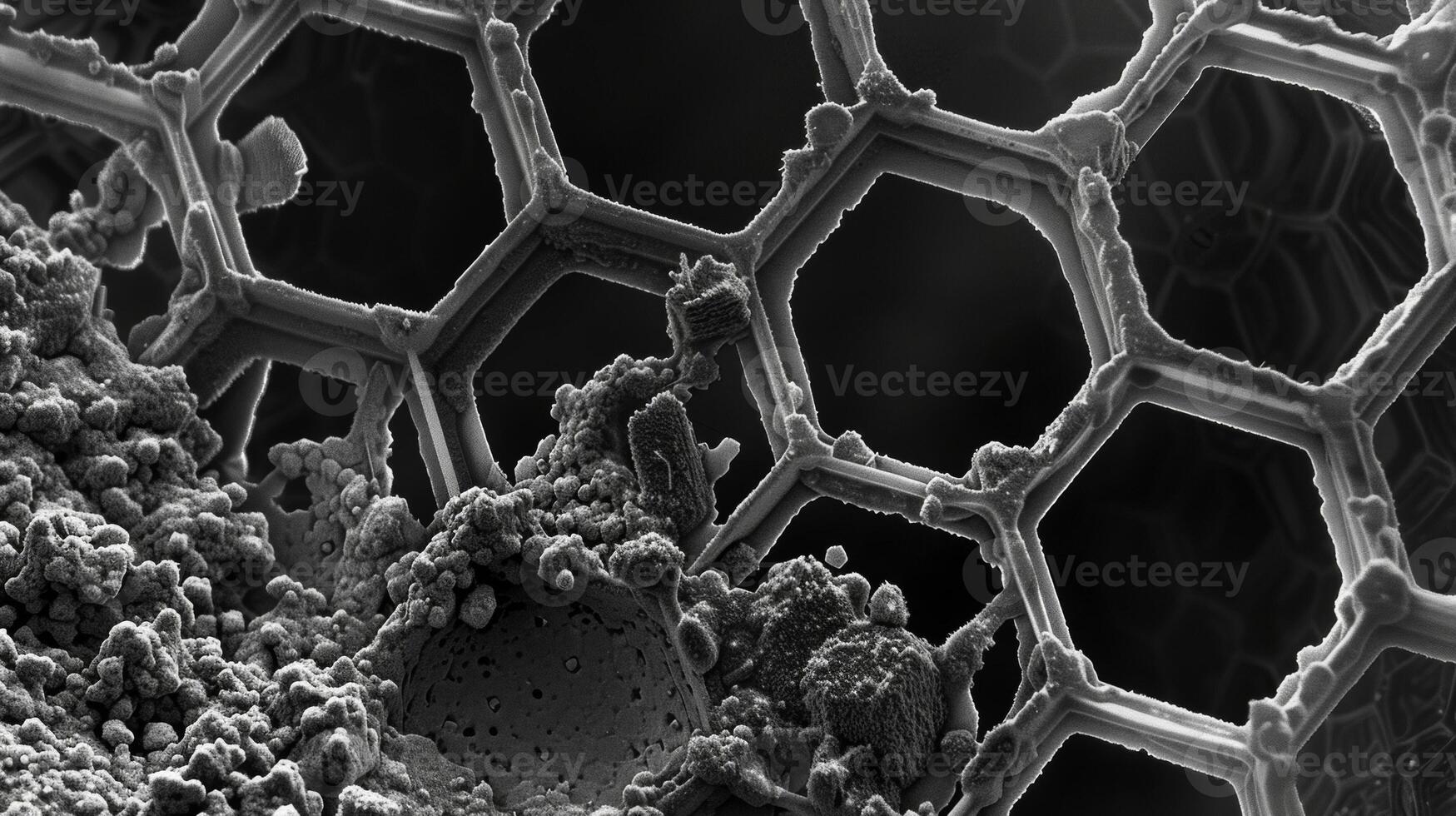 An electron microscope image of a graphene transistor with minute details of its structure visible at an atomic level. The hexagonal pattern of graphene atoms is clearly visibl photo