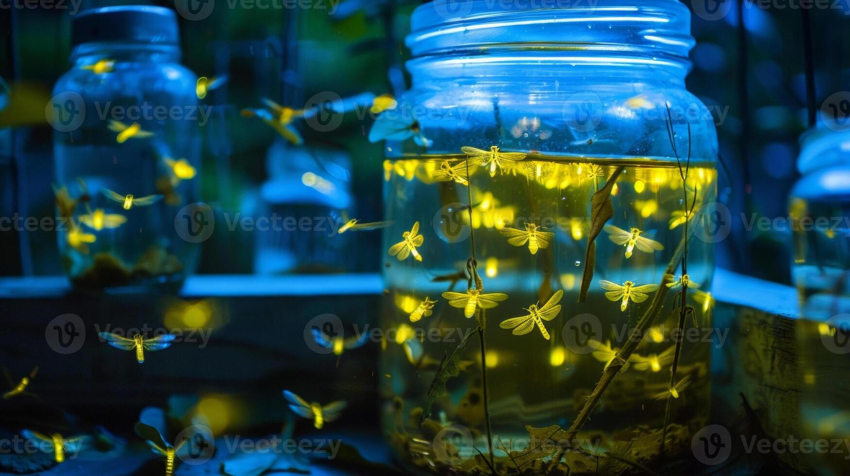 A group of fireflies in a jar demonstrating the final stages of light response in bioluminescent materials. As the fireflies light up their bodies emit a soft glow that illuminate photo