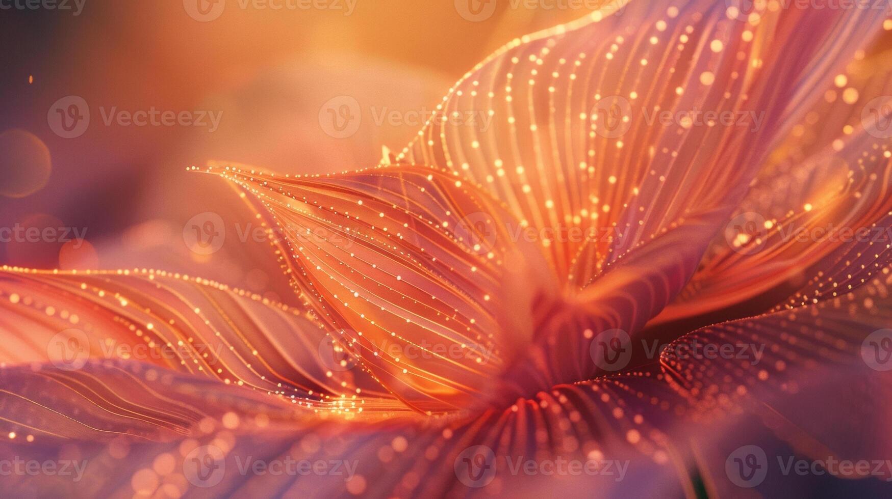 A closeup of a delicate flower petal its surface covered in tiny dots and lines that resemble sound waves. The beauty of this visual translation is enhanced by the soft glo photo