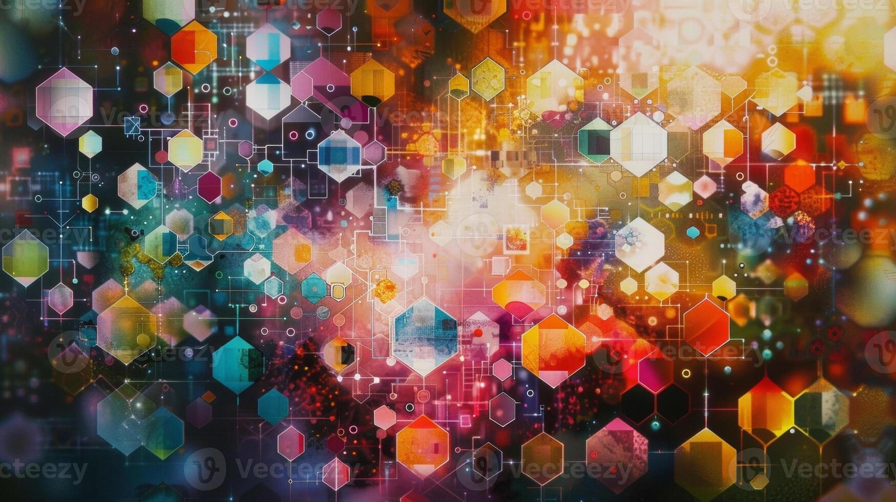 An array of geometric shapes in various sizes and hues all arranged in a mesmerizing collage. Each shape pulsates with a different color embodying the unique tones and vibration photo