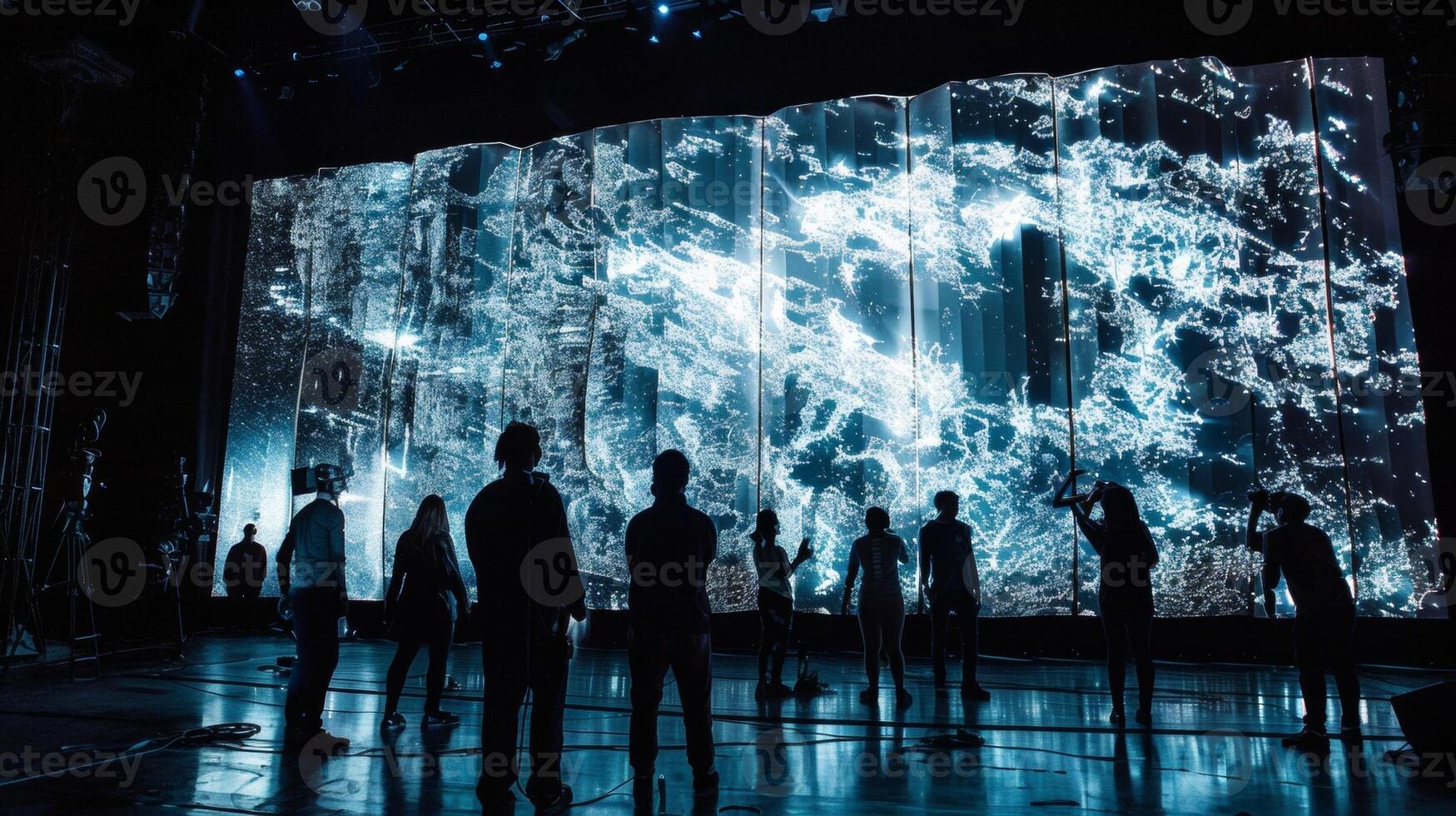 A projection mapping display covers a giant screen behind a stage showcasing intricate animations and visuals that accompany the music perfectly. The projections create photo