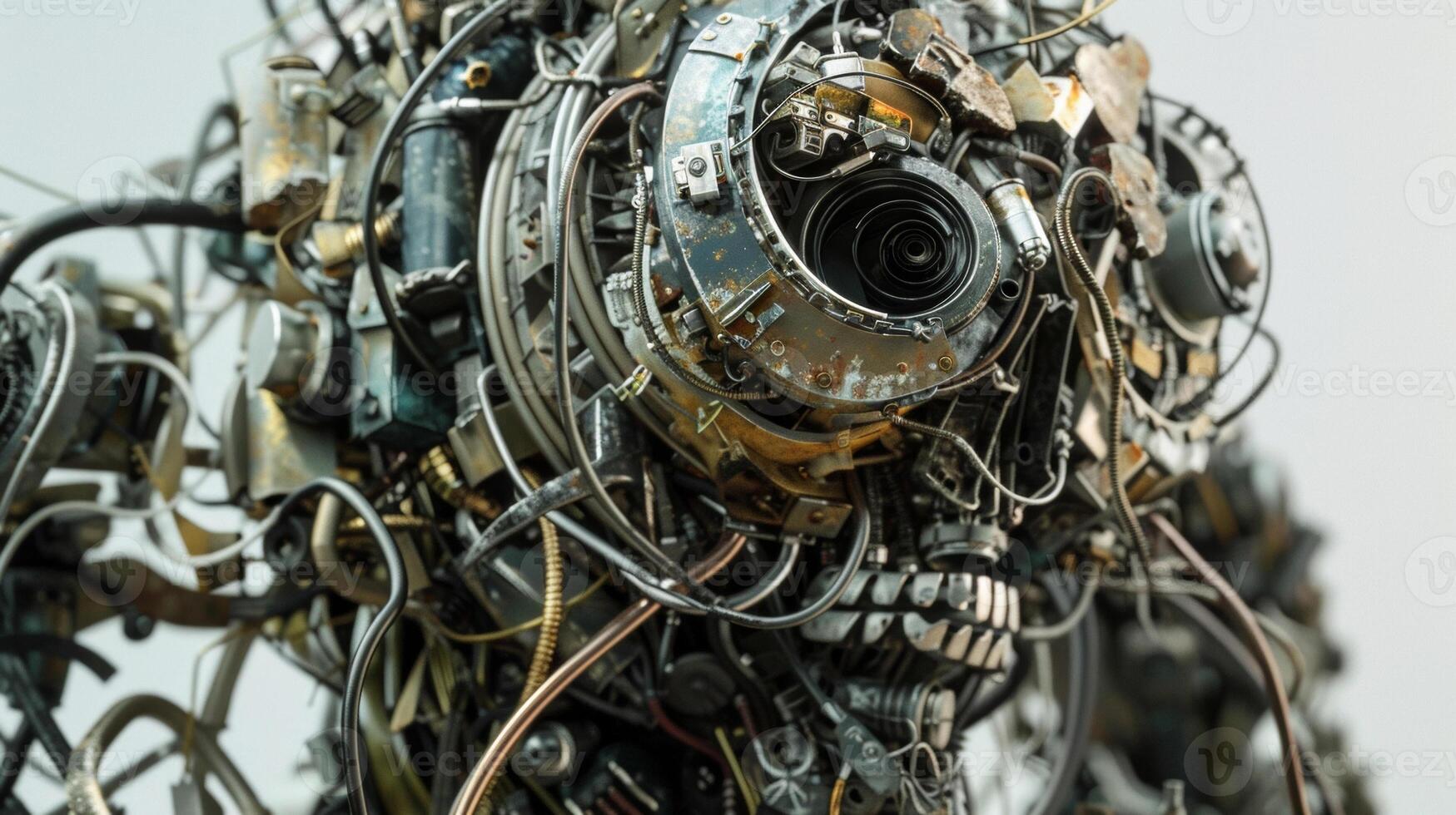 At first glance this sculpture appears to be a mess of tangled wires and metal pieces. However upon closer inspection one can see the carefully p components and intricat photo