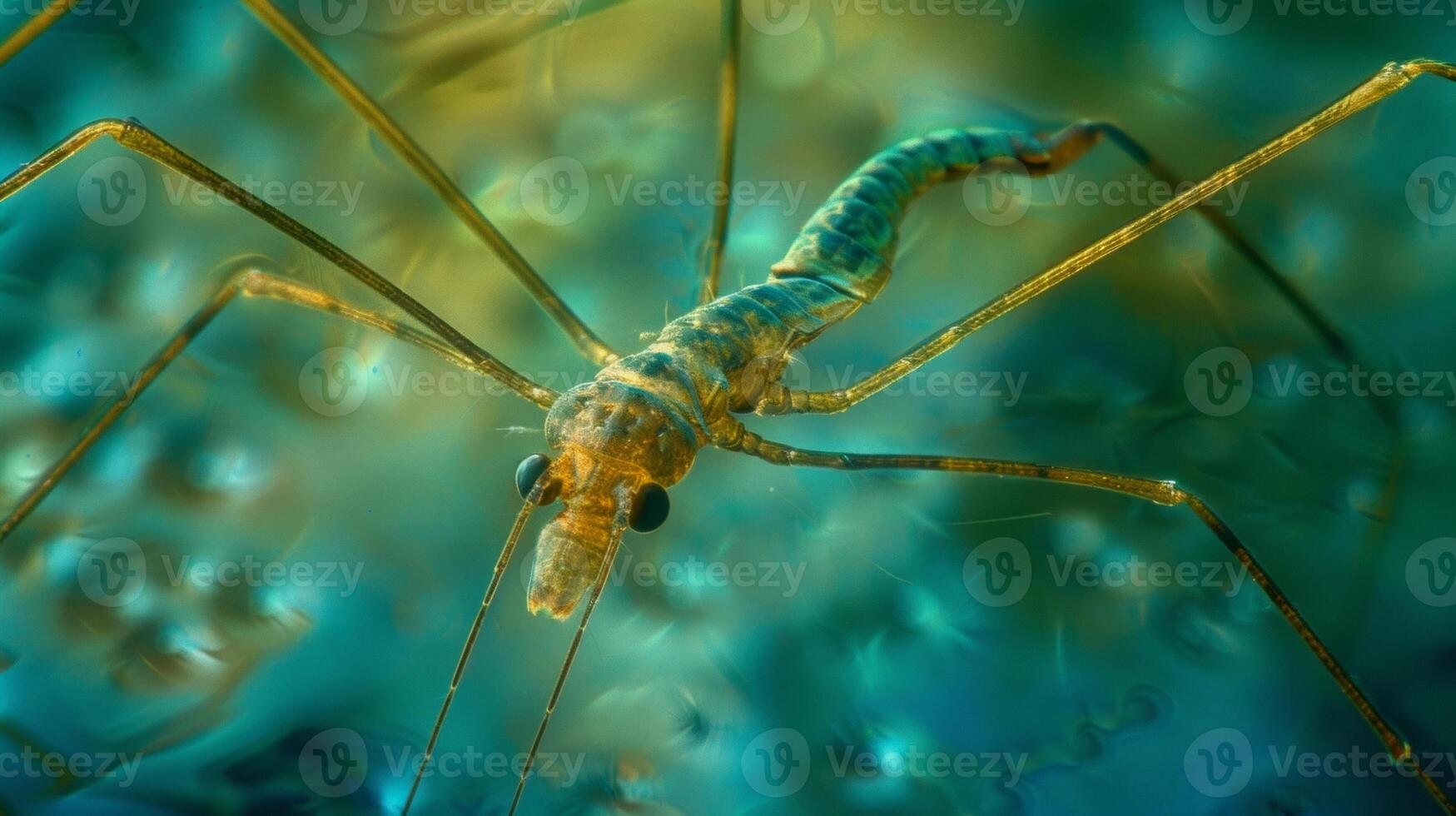 A magnified view of a water strider gliding effortlessly on a still pond. The microscopic hairs on its legs and body create air pockets allowing it to walk on water withou photo