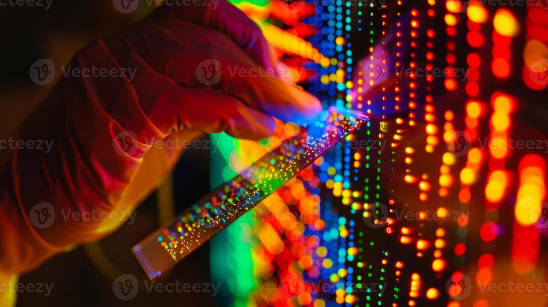 A closeup of a lab technicians hands holding a microscope slide with a sample of quantum dots. The dots carefully arranged in a precise pattern are being illuminated wit photo