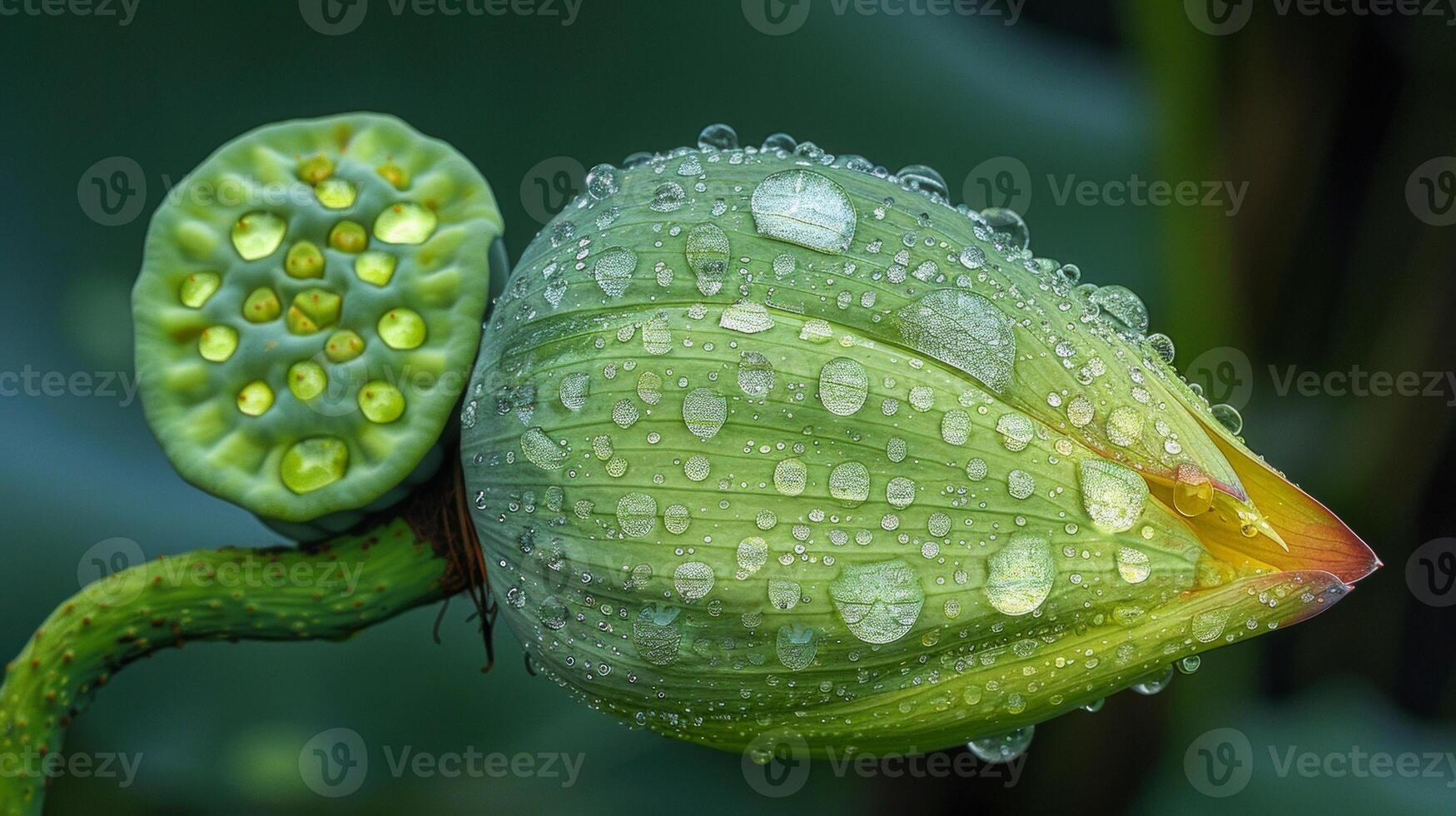 A side view of a lotus flower bud with water droplets clinging to its surface. The fresh dewy appearance of the droplets exemplifies the lotuss ability to repel water an photo