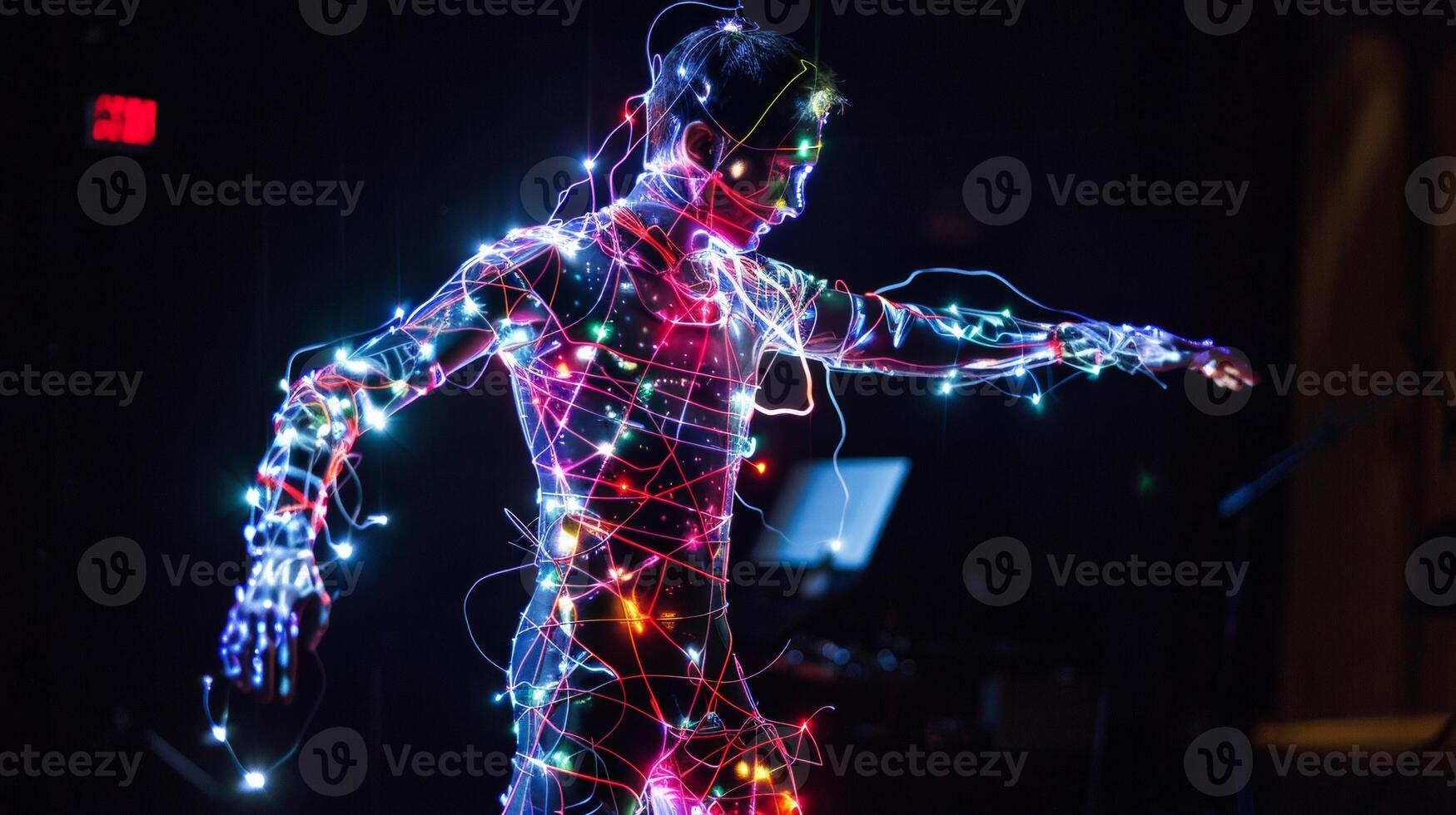 An image of a stage costume featuring a bodysuit made from a stretchable conductive fabric. The fabric is connected to a central control panel allowing the performer to contro photo