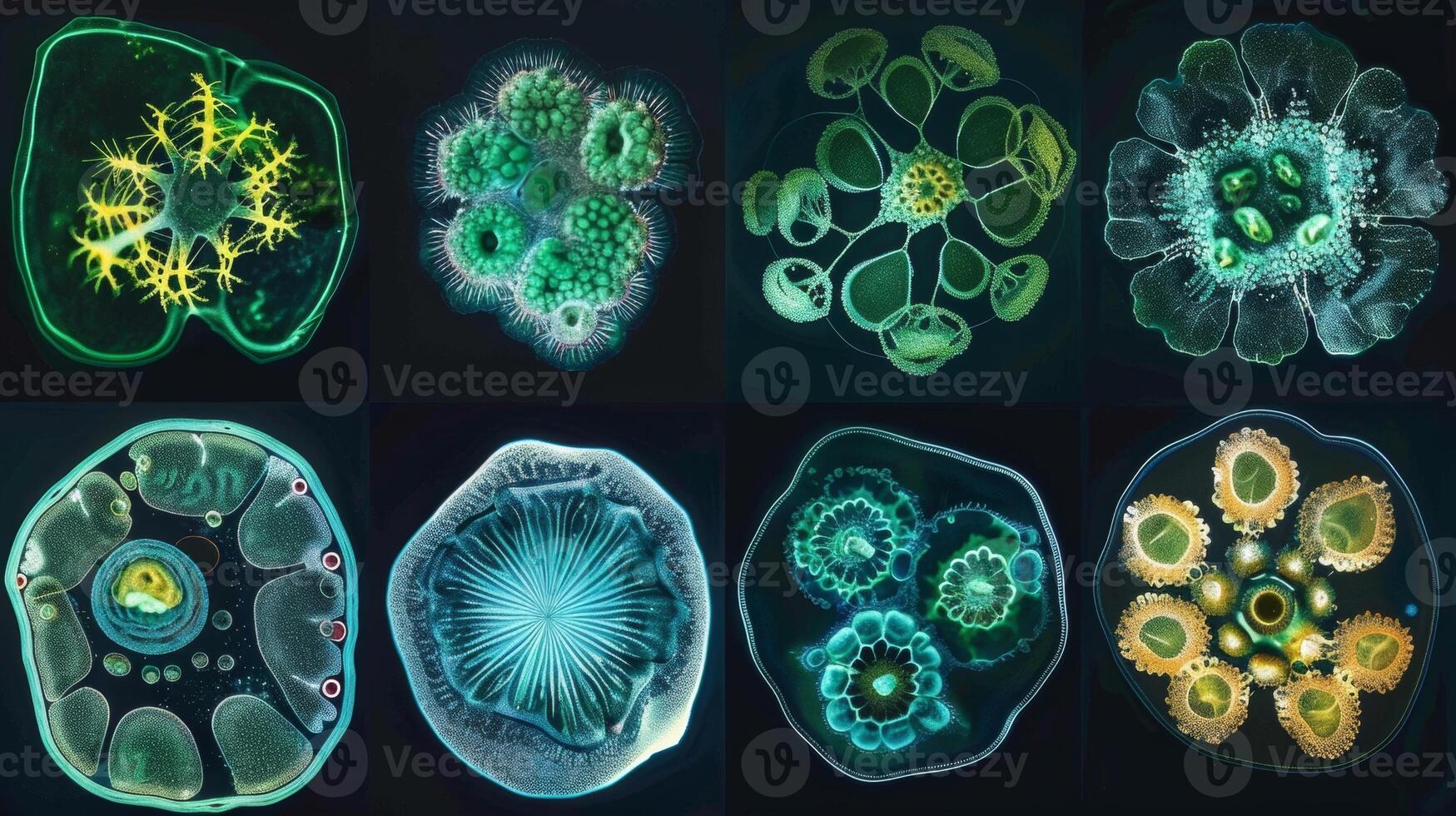 A series of microscope images showing the cellular structure of different types of algae. The cells vary in shape and size highlighting the diversity of these organisms an photo