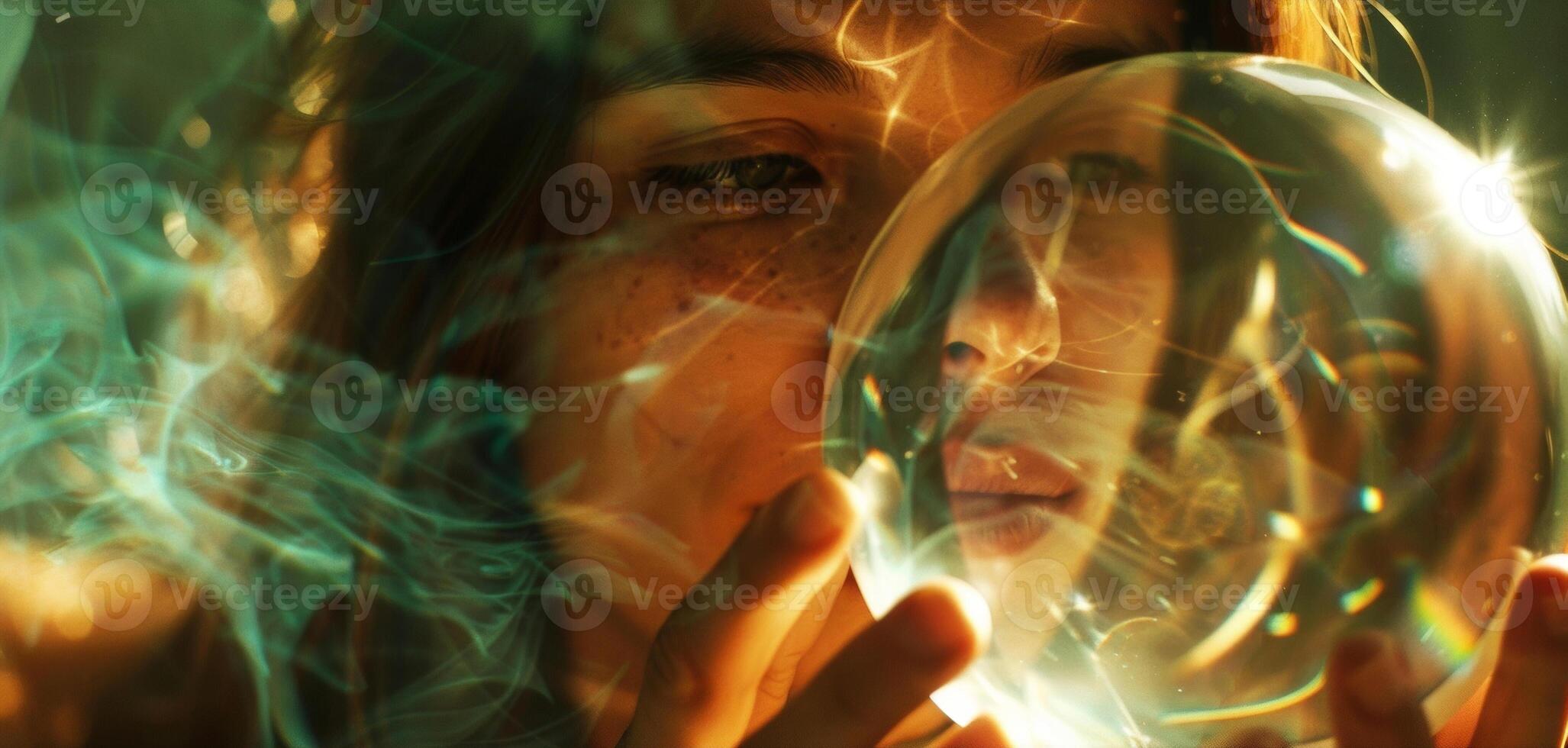 A woman holding a crystal ball in her hands her face lit up with wonder and excitement. As she stares into the ball images of different possible futures appear and swirl photo