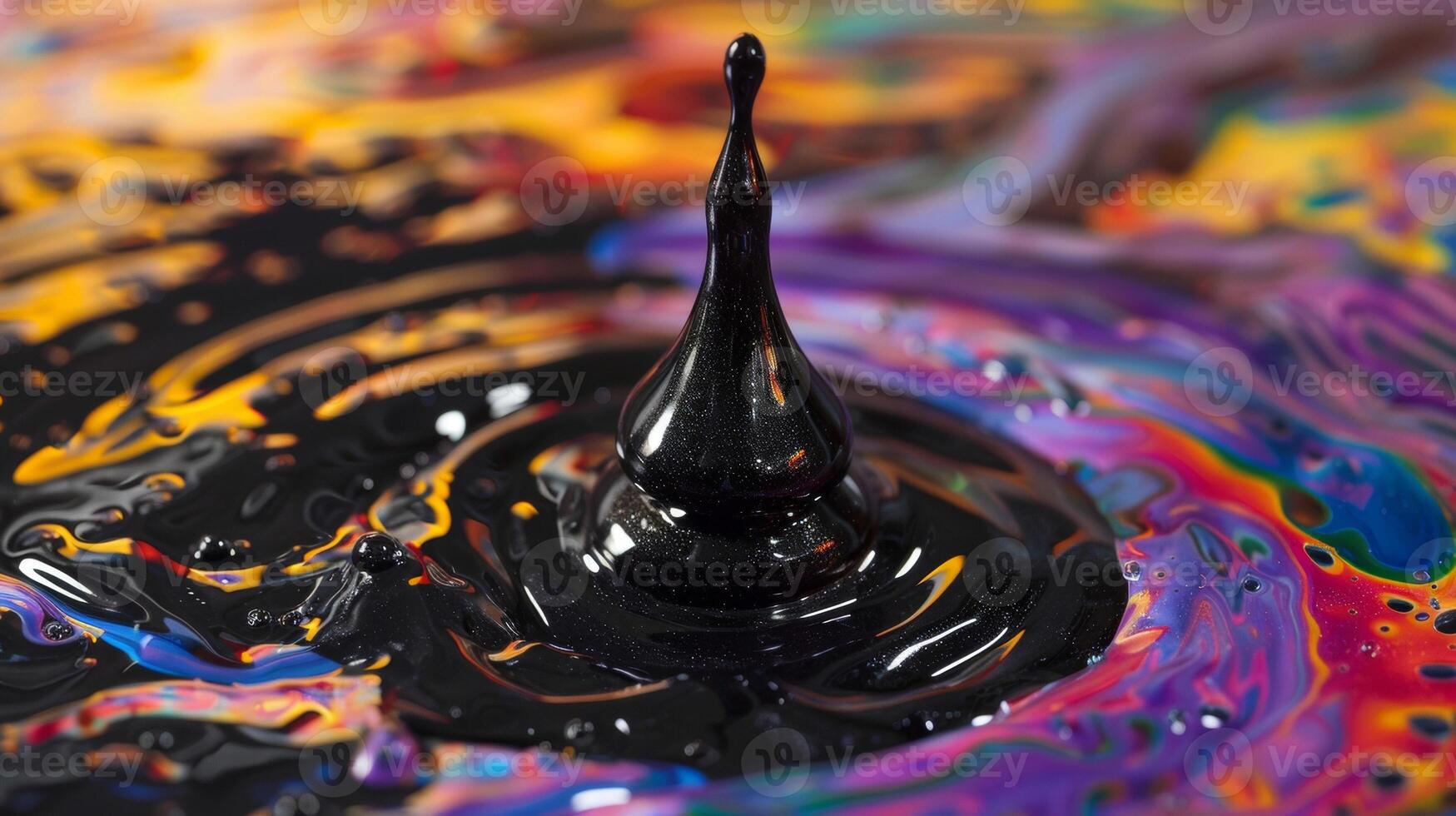 In a pool of vibrant hues a single drop of pitch black ferrofluid stands out its sleek surface a stark contrast to the surrounding rainbow of colors photo