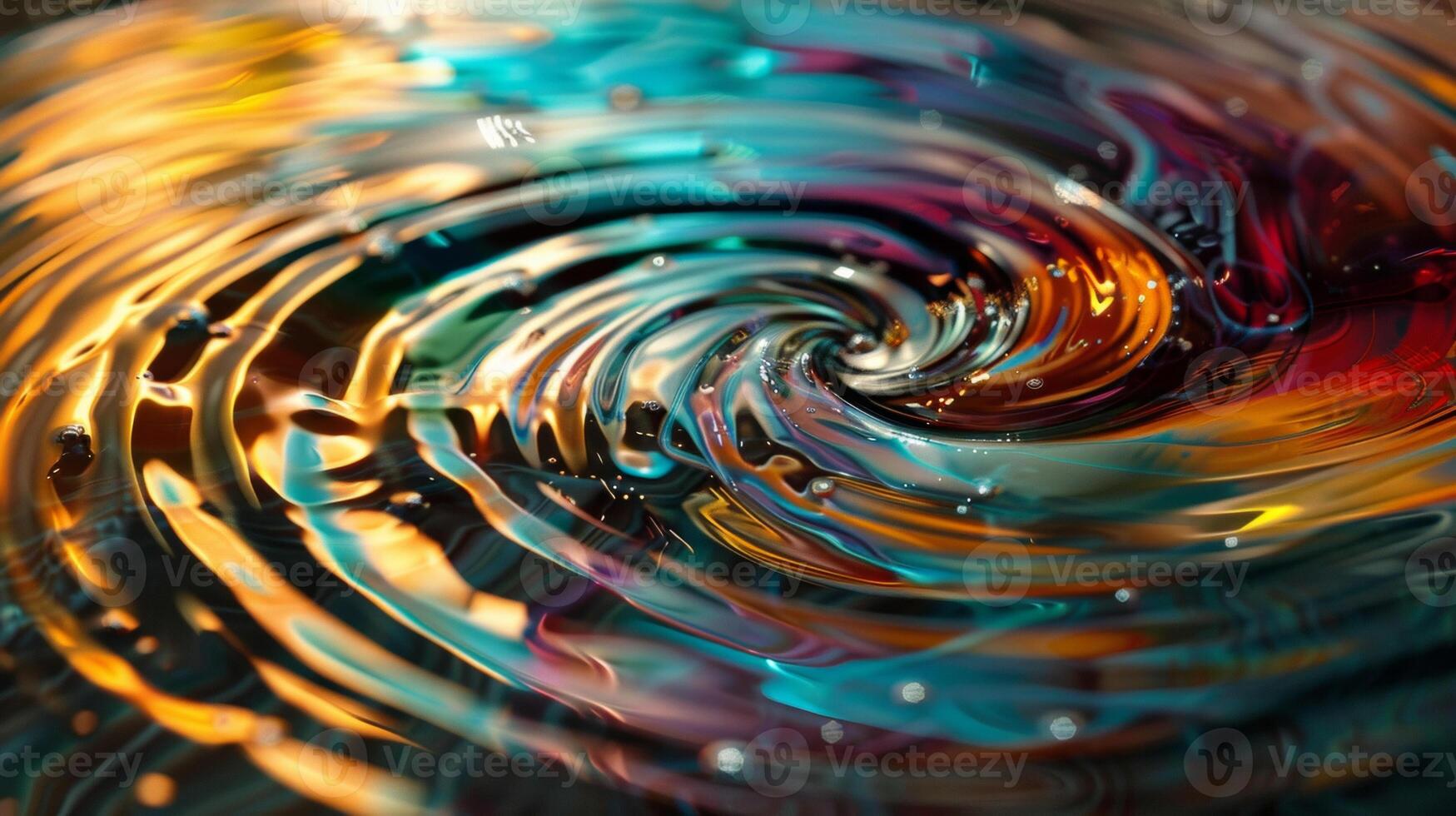 A mesmerizing display of swirling colors and distorted shapes as a strong magnet pulls and twists a pool of magnetic fluid creating an everchanging reflection in its surface photo