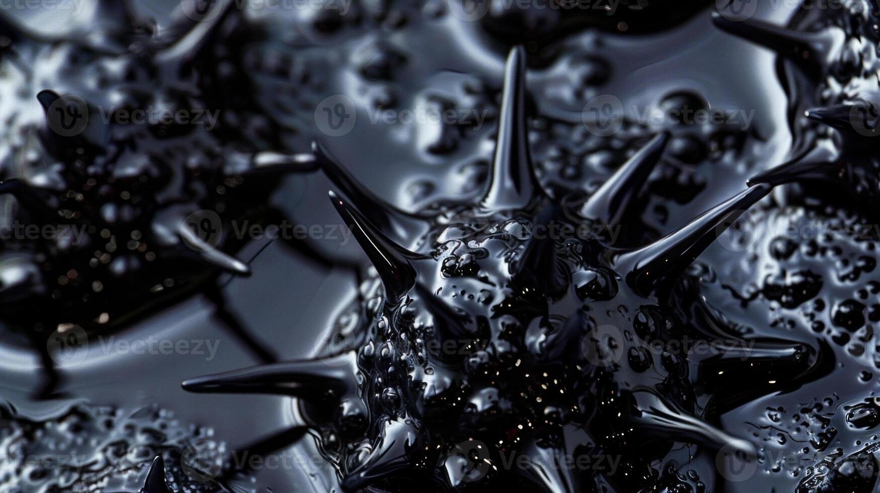 A dark and ominous depiction of alien lifeforms made of ferrofluid their sharp and jagged bodies covered in a layer of thick black liquid. This abstract representation o photo