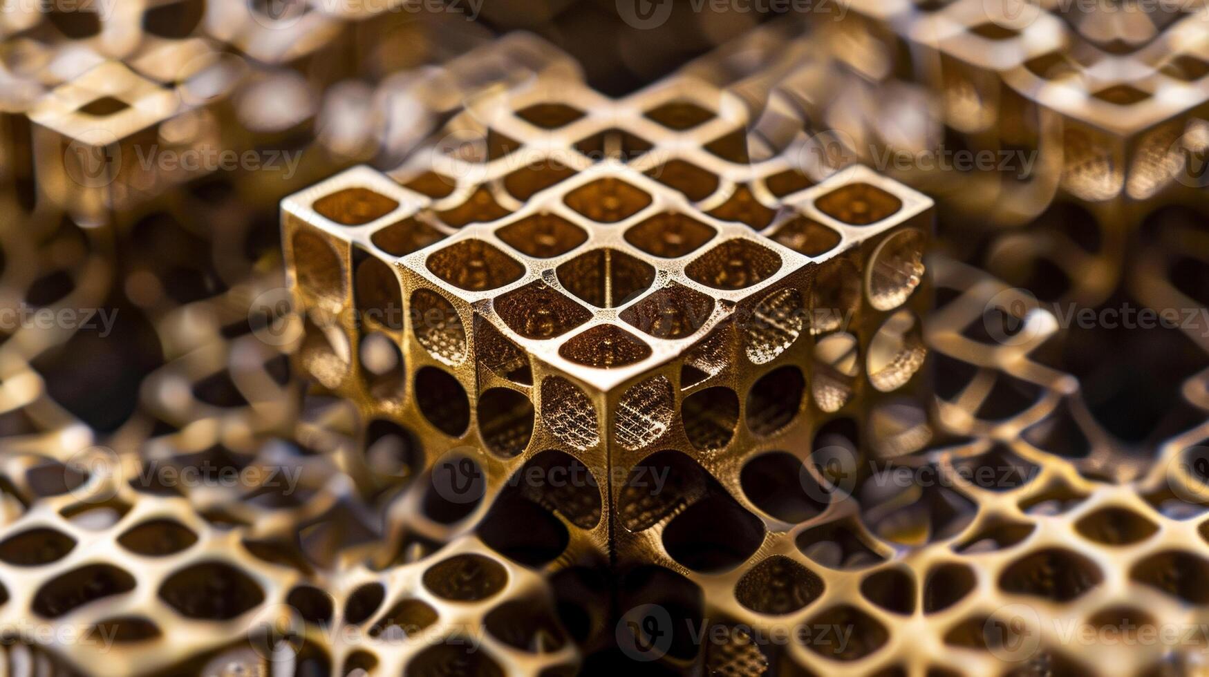 A photo of a minuscule multidimensional lattice structure with intricate patterns etched into each cell. acoustic metamaterial has designed to selectively absor