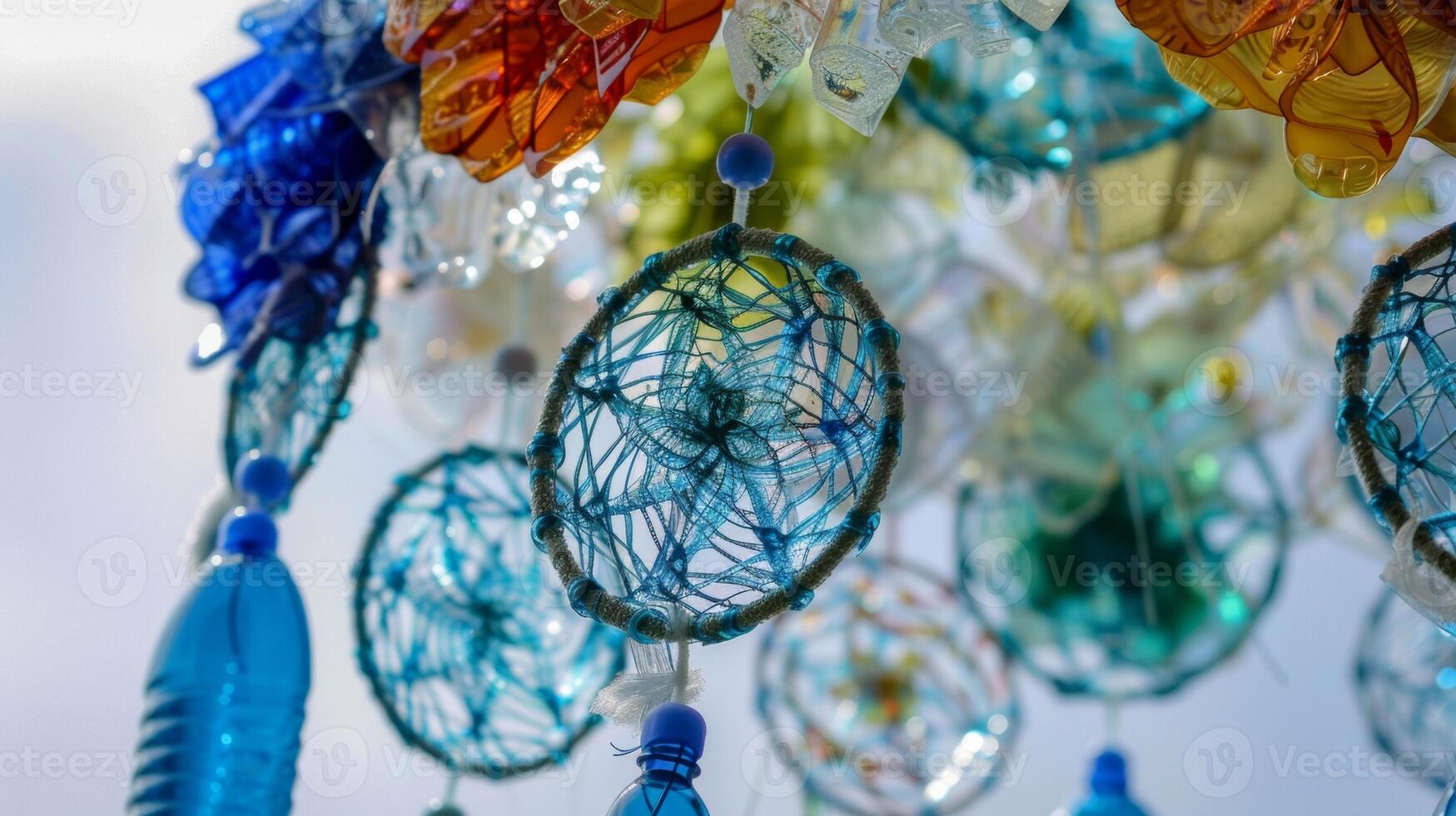An upclose look at a dreamcatcher made from up plastic bottles showing the intricate and delicate nature of the art form photo