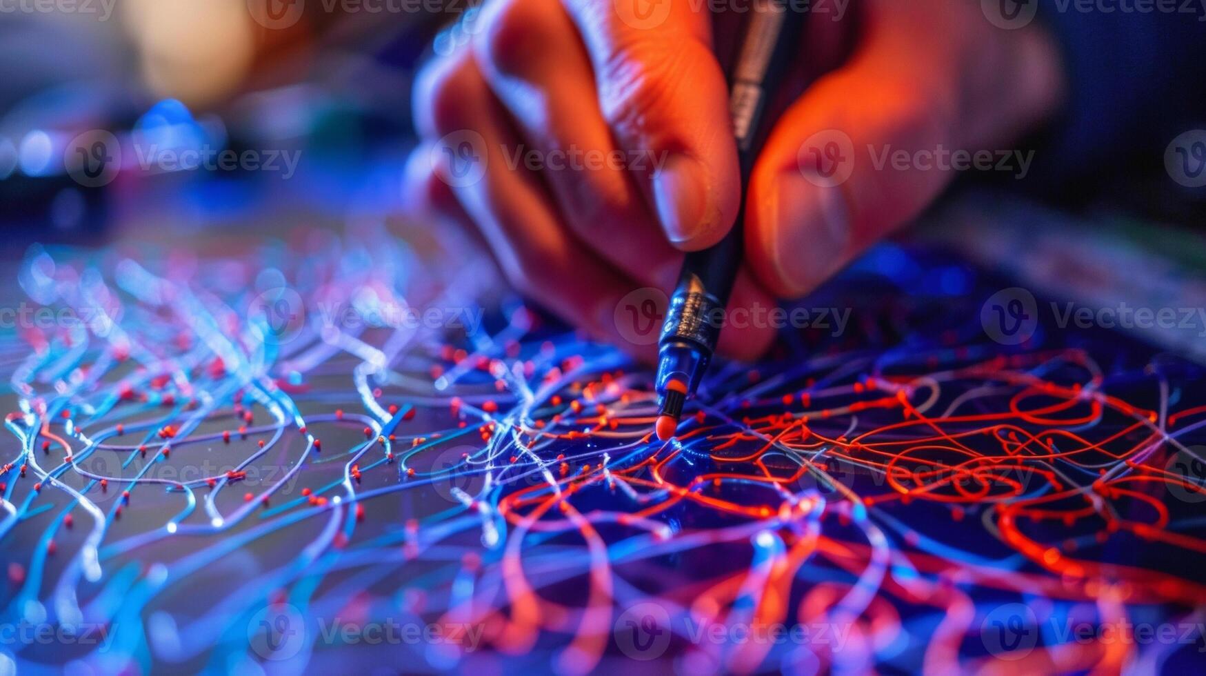 An artists hand carefully shaping plastic filaments using a 3D pen. The intricate patterns and shapes being created showcase the limitless potential of experimental techniqu photo