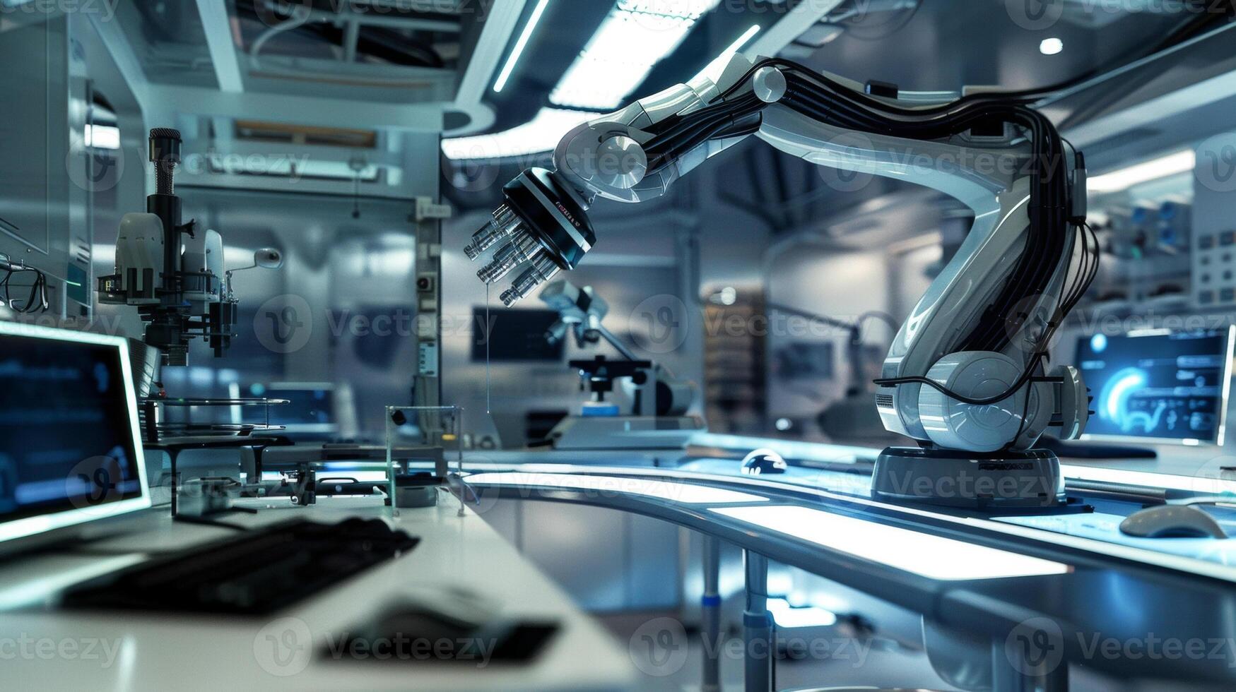 A collection of futuristiclooking equipment fills a sleek modern laboratory. Computer screens advanced microscopes and robotic arms all play a role in bringing to life th photo