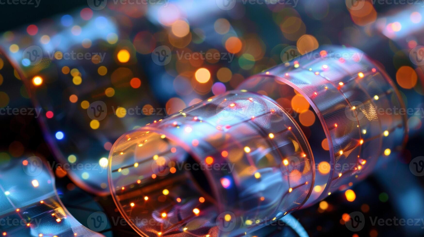 A highresolution closeup of a thin flexible biosensor made from a transparent material dotted with tiny electrodes and sensors that can detect and yze various chemicals an photo